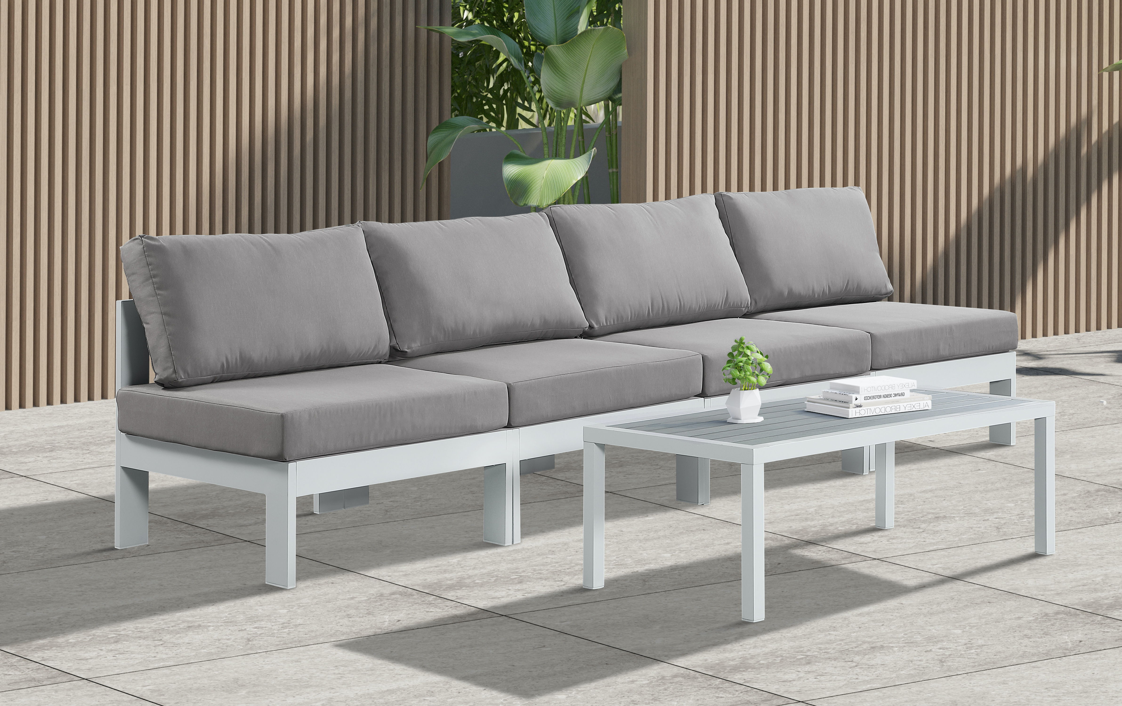 Nizuc - Outdoor Patio 4 Piece Armless Modular Sofa With White Frame - Gray