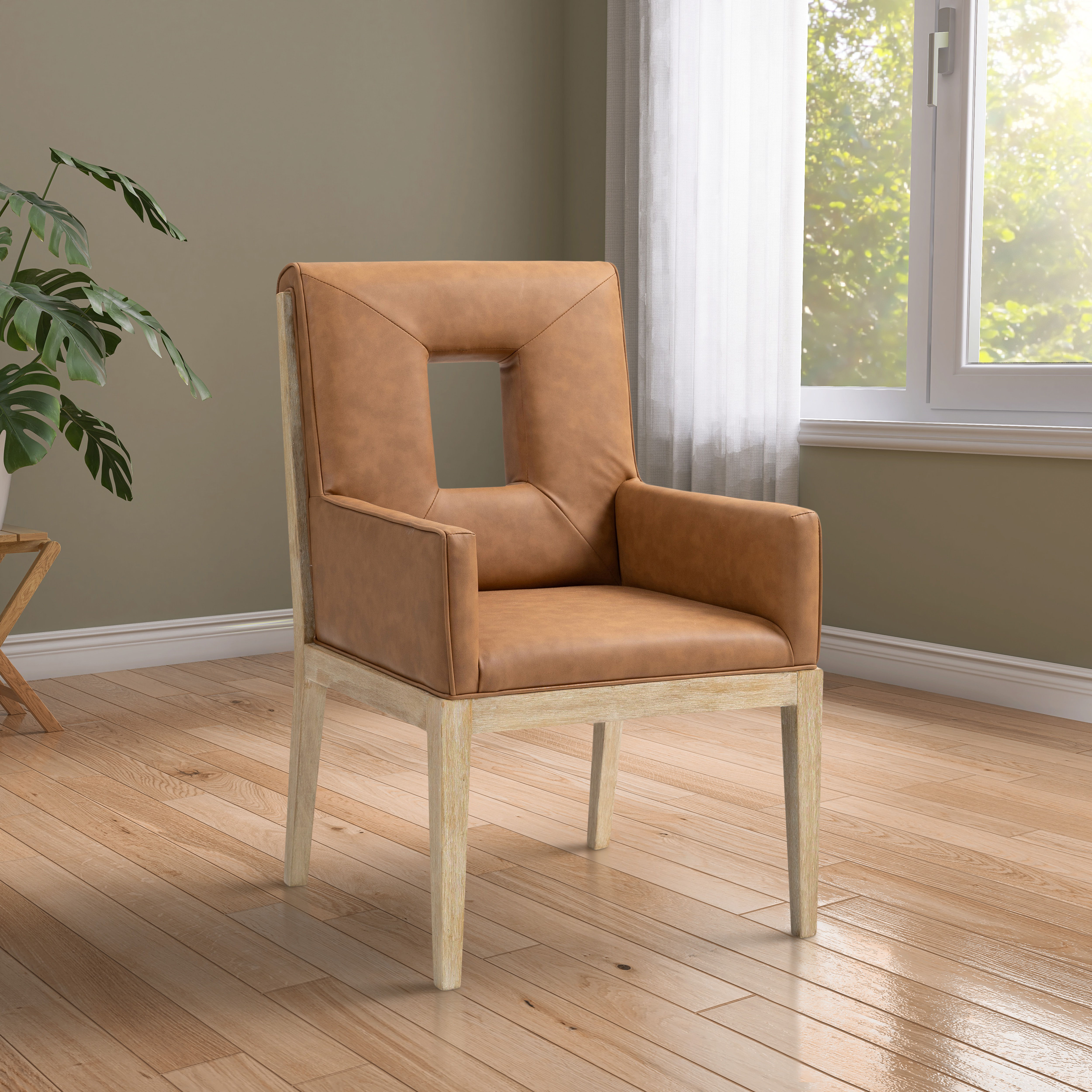 Gwendolyn - Faux Leather Dining Arm Chair With Natural Frame - Cognac