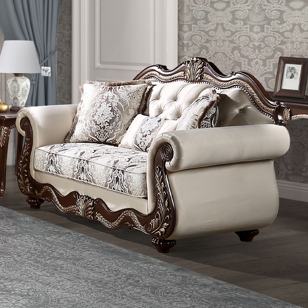 Pierce - Loveseat With 3 Pillows - Beige Fabric & Cherry, beige