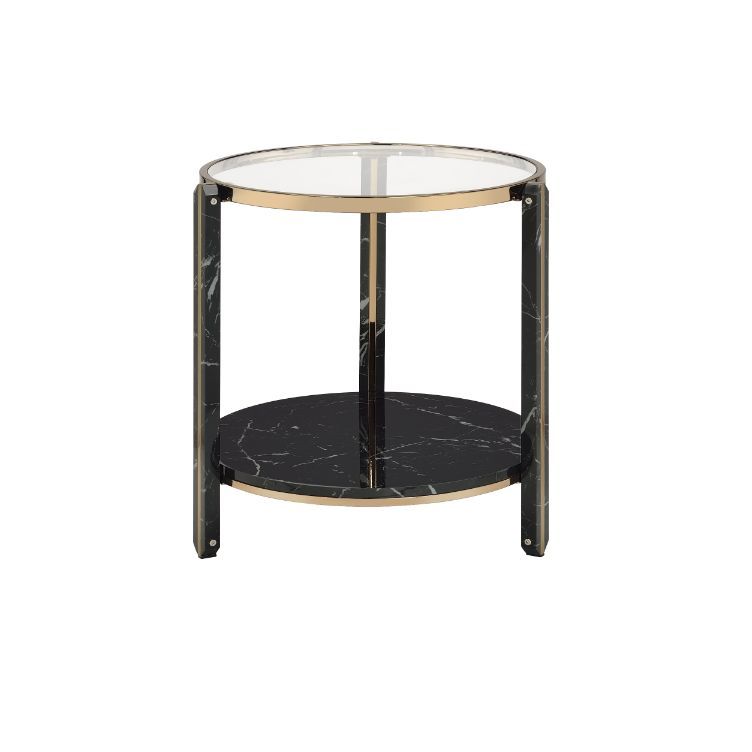 Thistle - End Table - Clear Glass, Faux Black Marble Top & Champagne, black