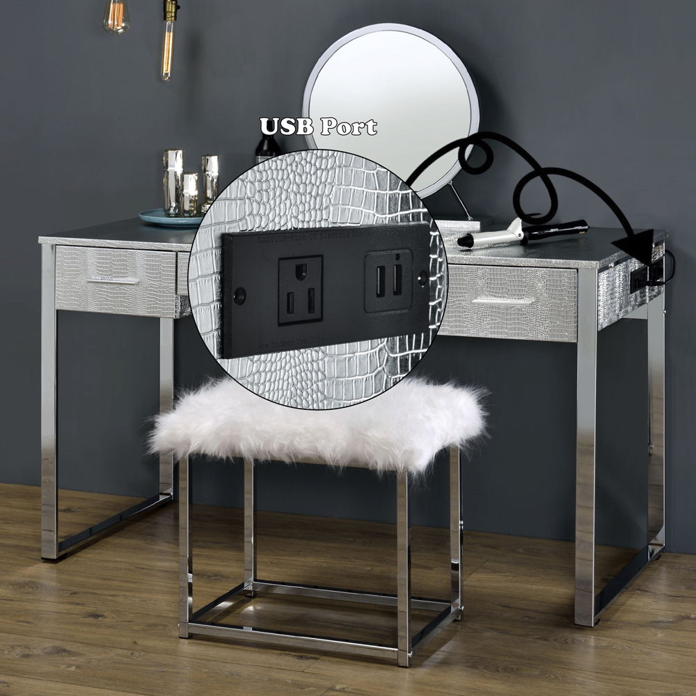 Myles - Vanity Set With USB - Antique White & Chrome, silver, view 7