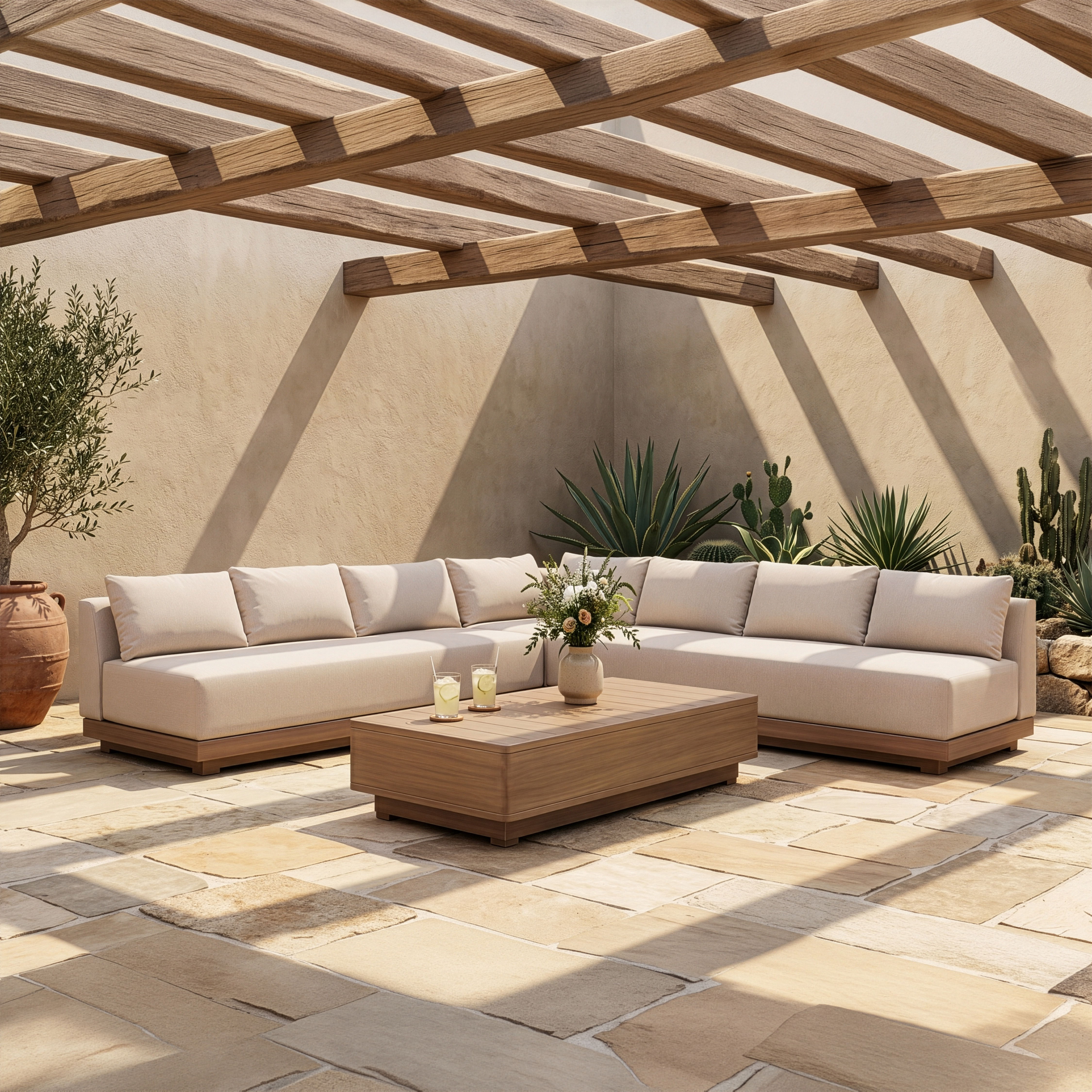 Solace - Olefin Performance Fabric 3 Piece Outdoor Patio Modular Sectional (2 Sofas & Corner Chair) - Beige
