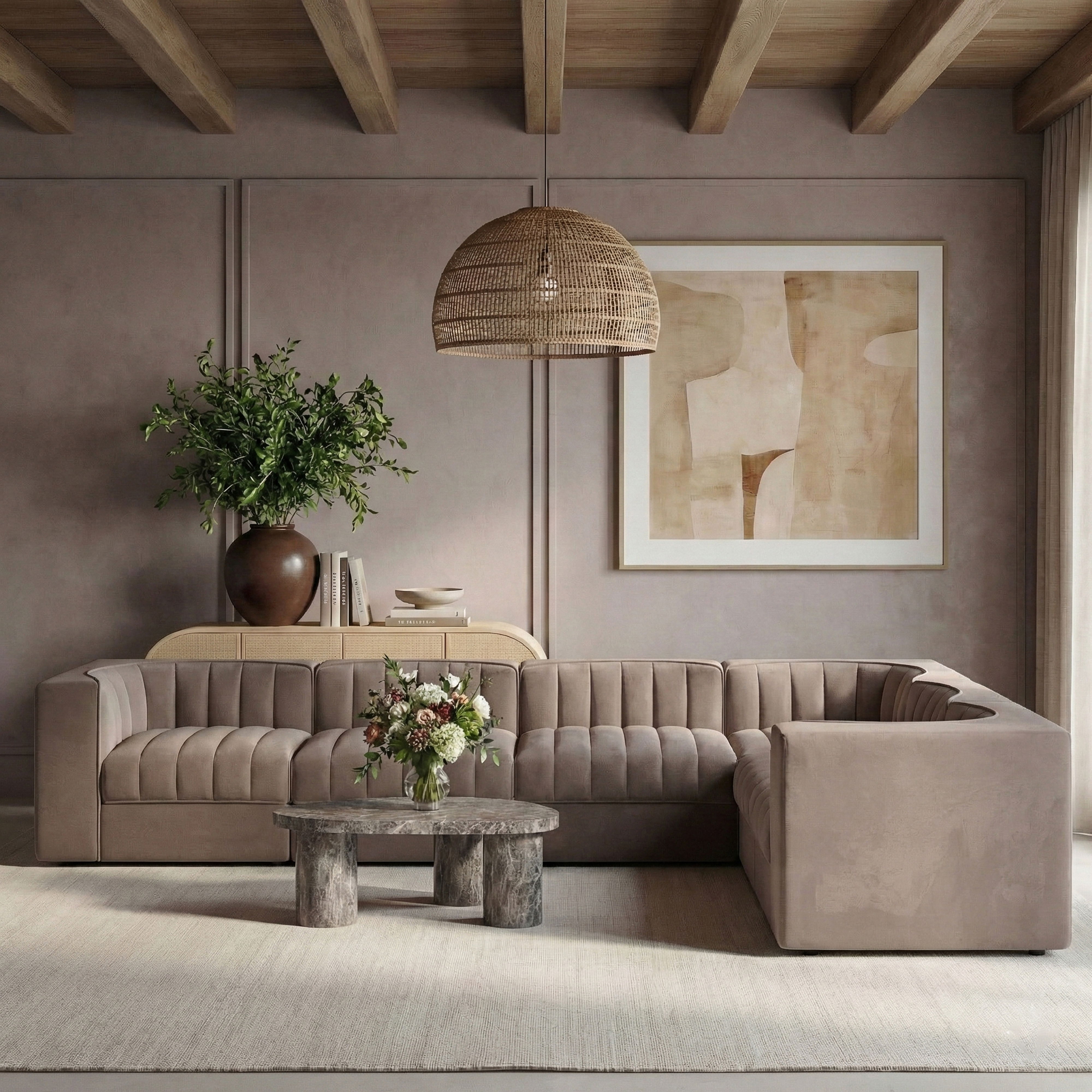 Rummi - Velvet Performance Fabric Upholstered 6 Piece Modular Sectional (With 3 Corner Chairs) - Taupe