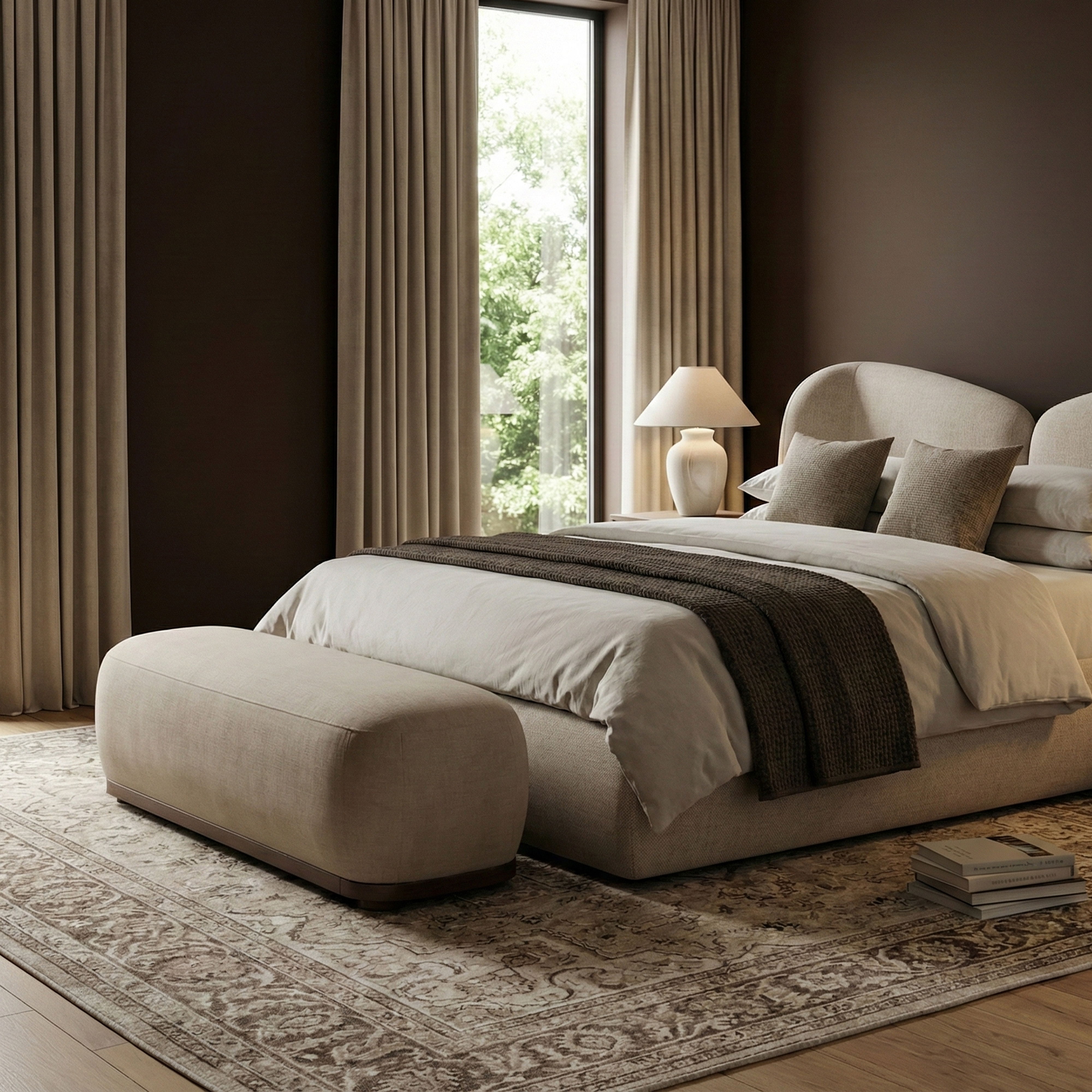 Calum - Bench With Brown Frame - Beige