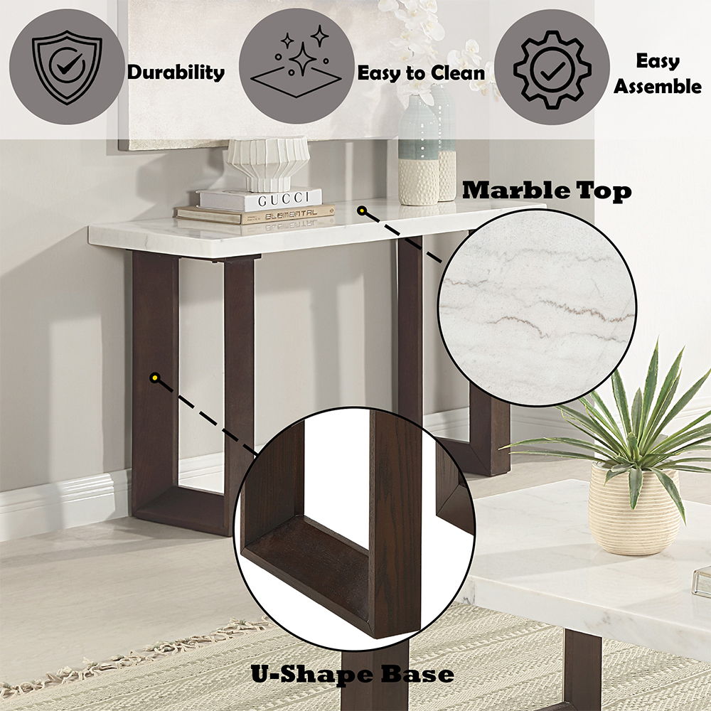 Edwyn - Sofa Table With Marble Top - White Natural Marble Top & Brown, white, view 4