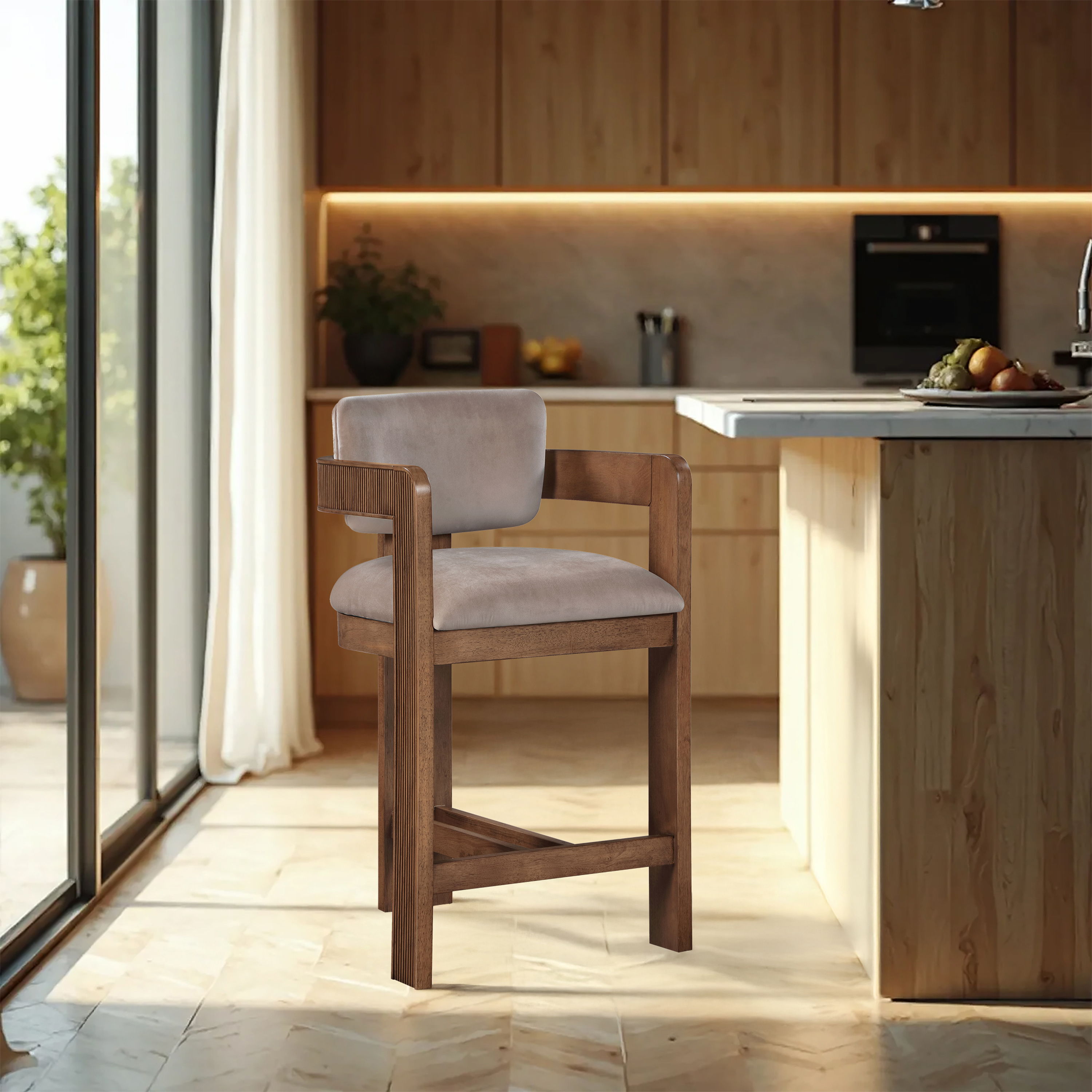 Sacha - Velvet Stool With Brown Base - Taupe