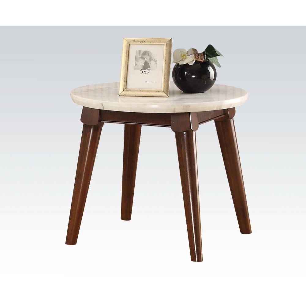 Gasha - End Table - White Marble Top & Walnut, white