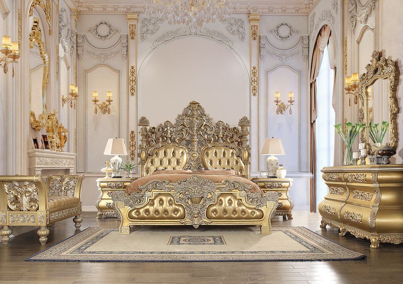 Seville - Bench - Gold Synthetic Leather & Gold, gold
