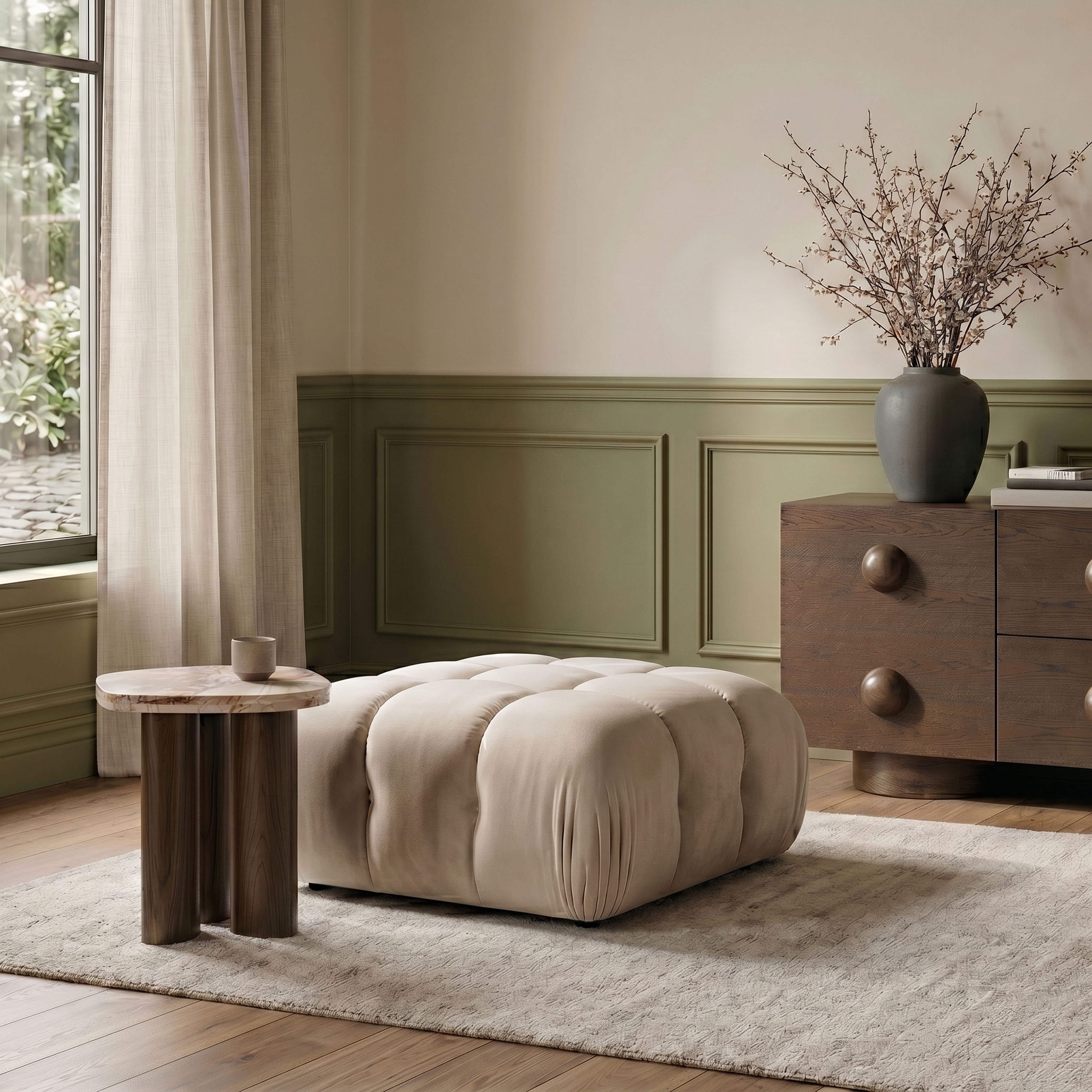 Orin - Velvet Performance Fabric Upholstered Modular Ottoman - Beige