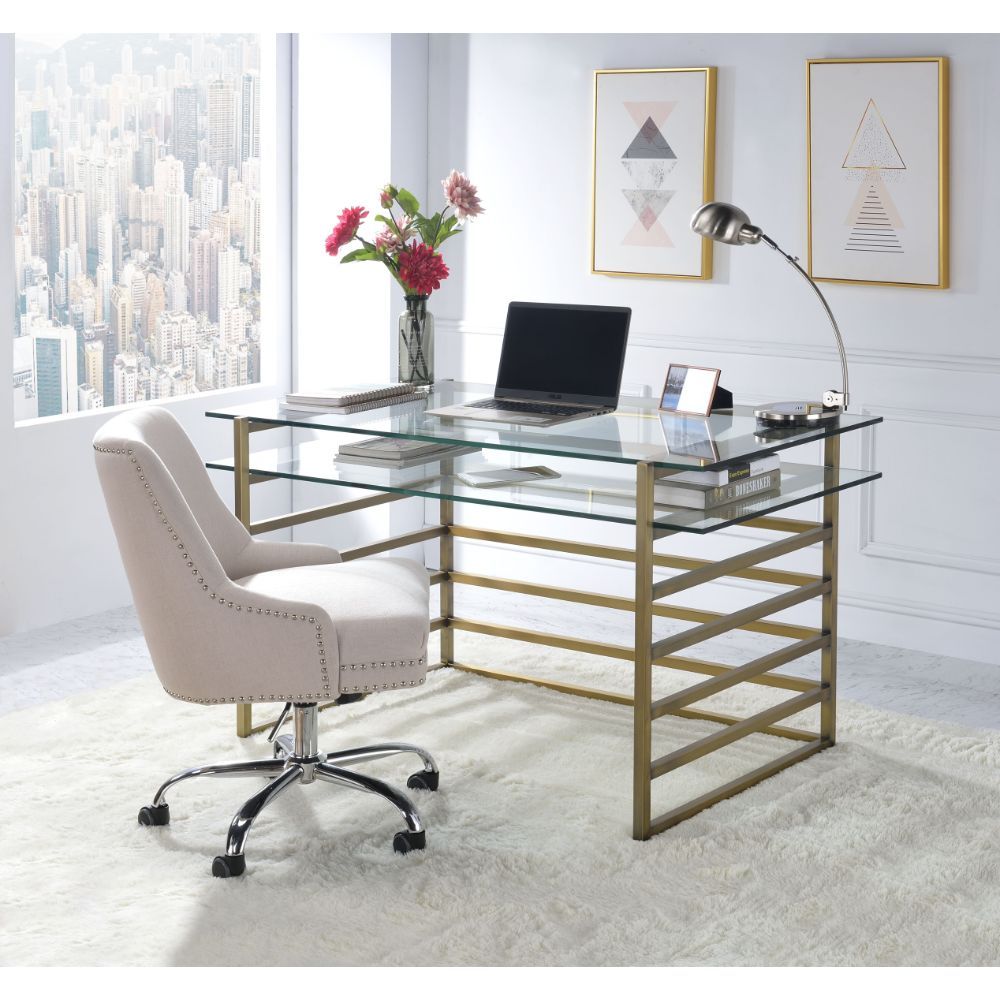 Shona - Writing Desk - Clear Glass Top & Antique Gold, gold, view 5