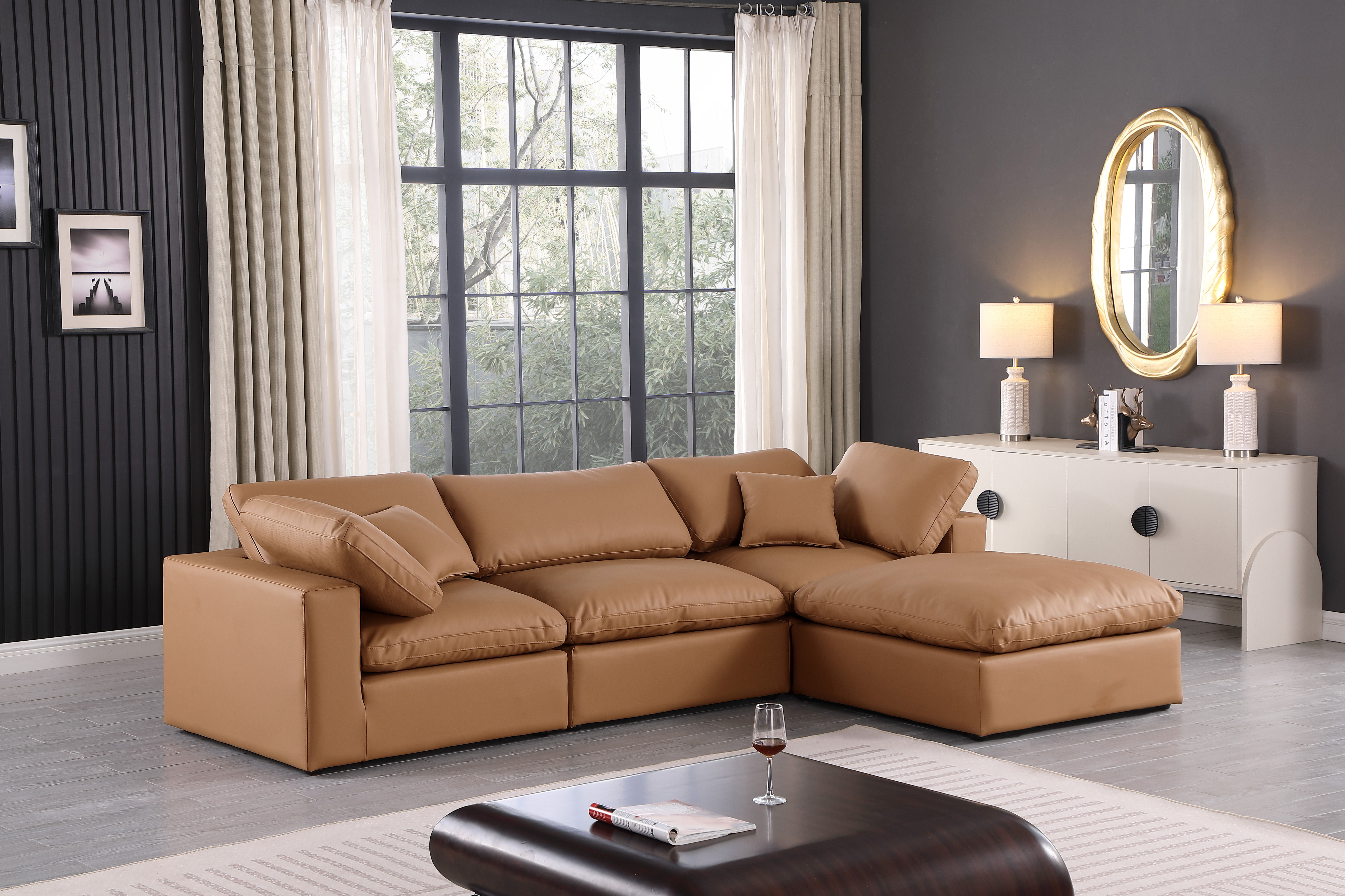 Comfy - 4 Piece Faux Leather Modular Sectional With Chaise - Cognac