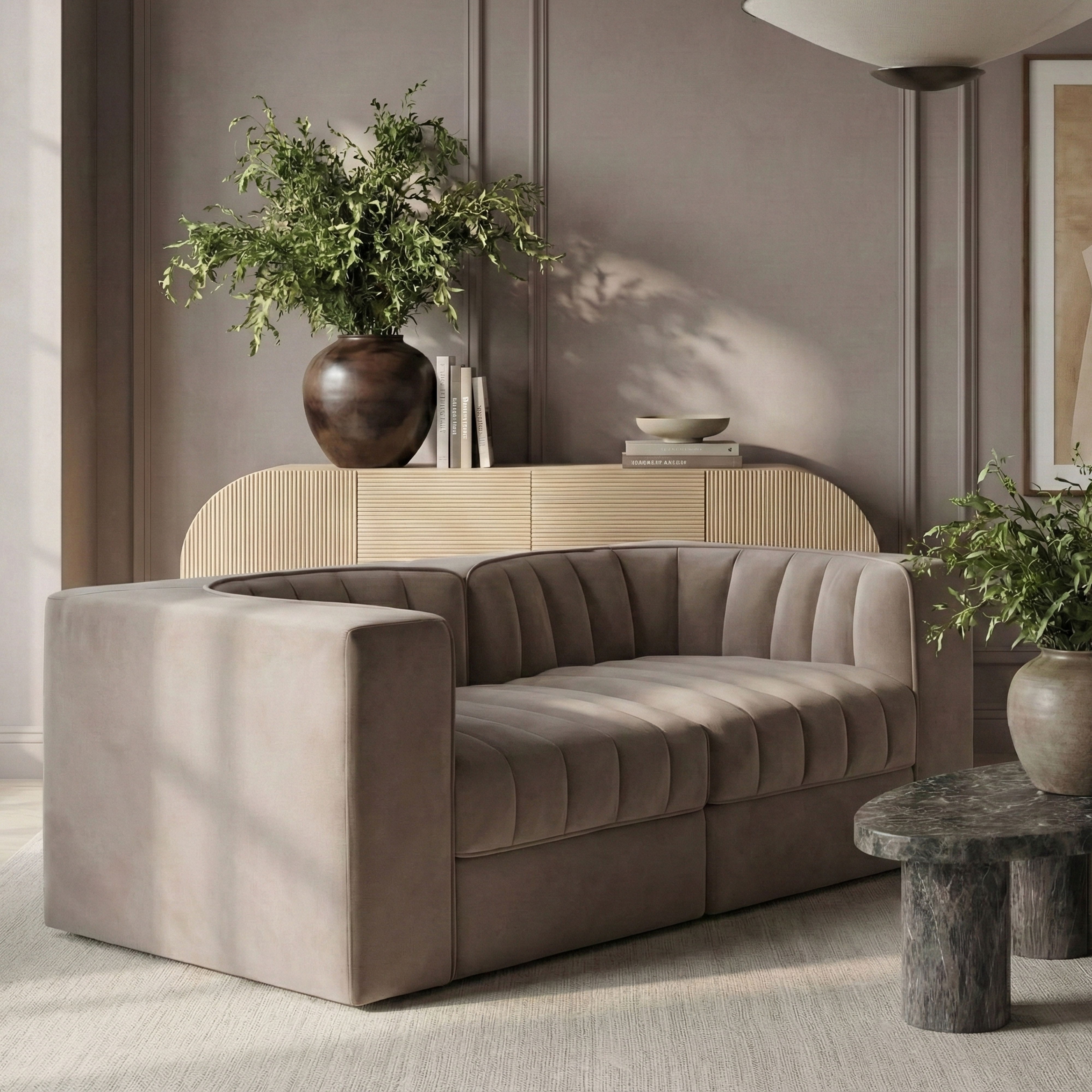 Rummi - Velvet Performance Fabric Upholstered 2 Piece Modular Loveseat With Arms - Taupe