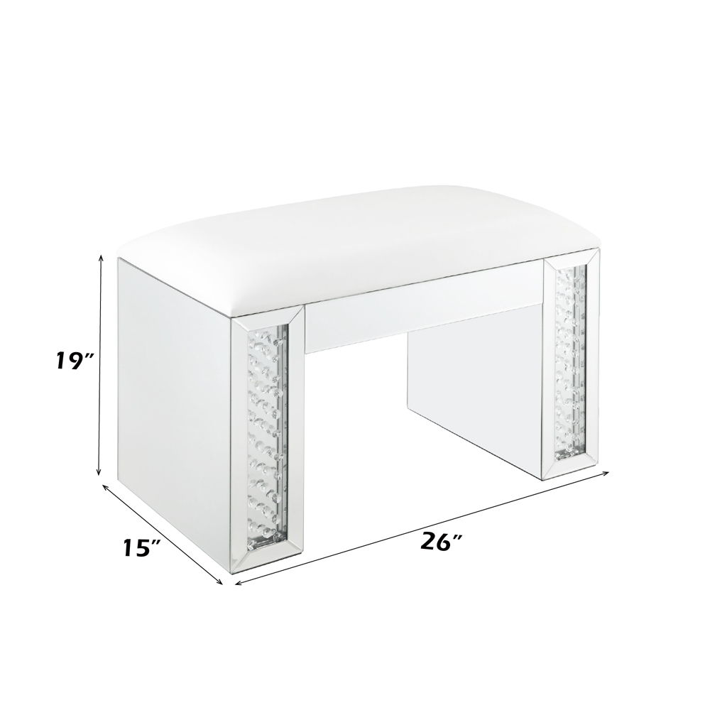 Nysa - Vanity Stool - Ivory Synthetic Leather , Mirrored & Faux Crystals, silver, view 6
