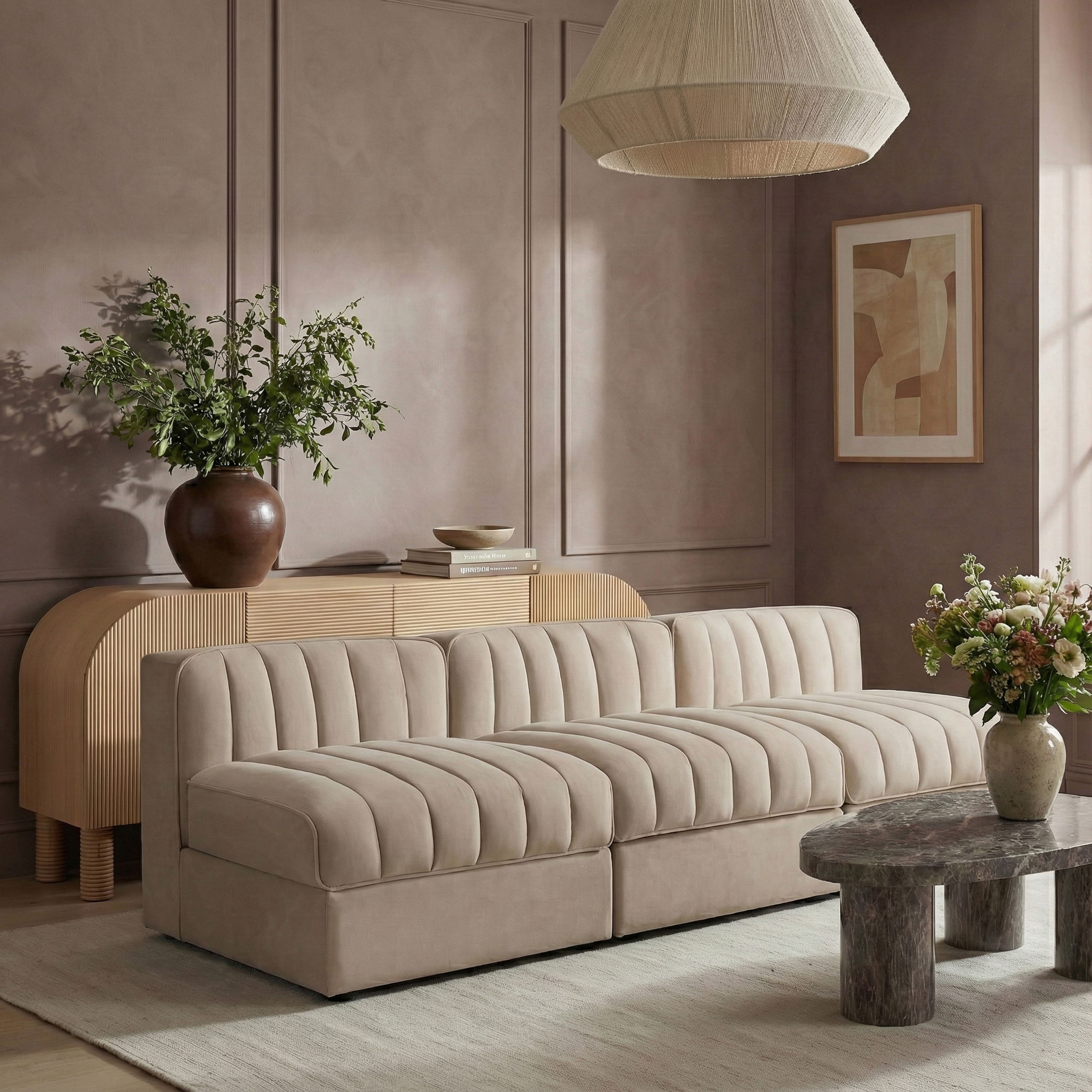 Rummi - Velvet Performance Fabric Upholstered 3 Piece Modular Armless Sofa - Beige