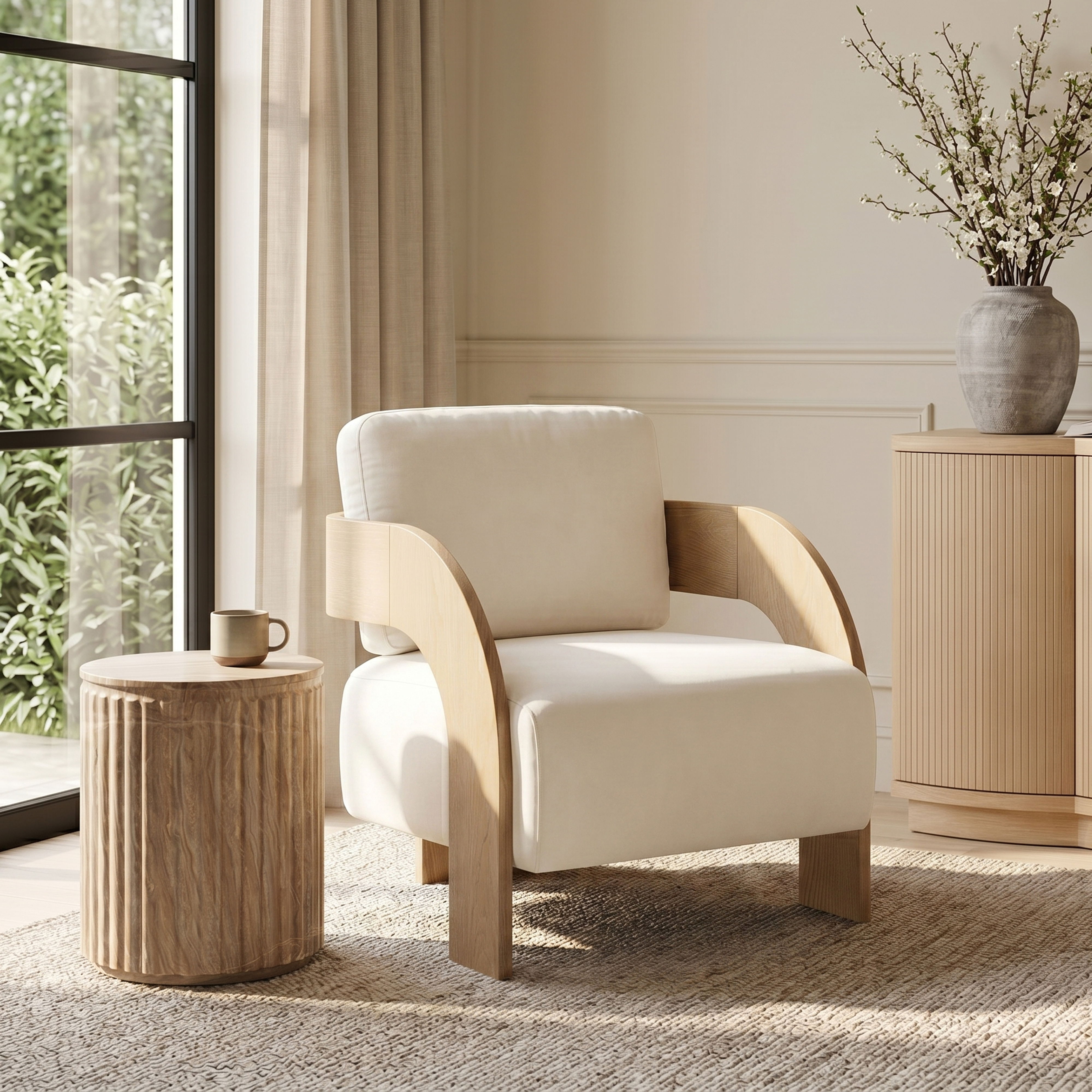 Cedra - Velvet Performance Fabric Upholstered Accent Chair - Cream / Natural