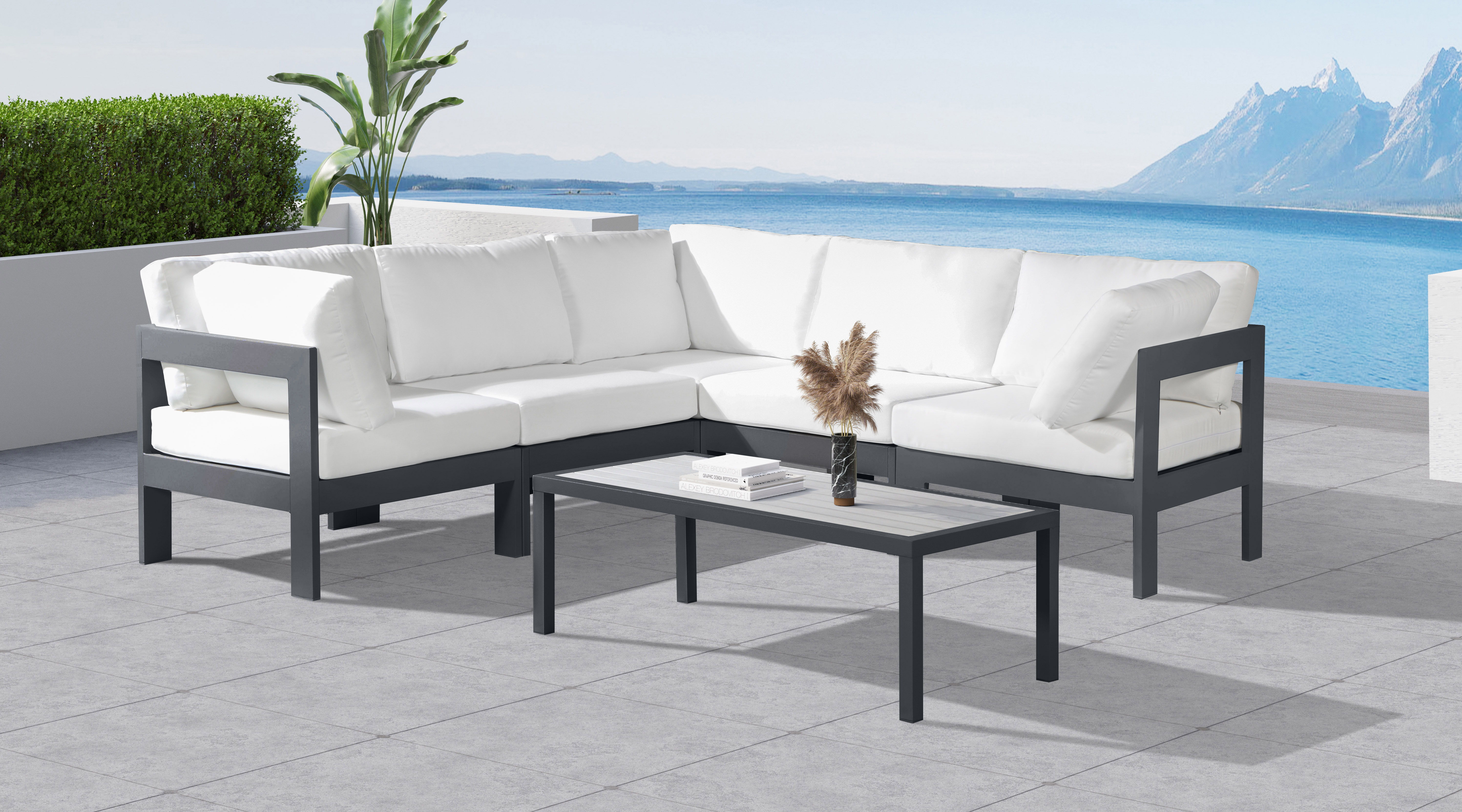 Nizuc - Outdoor Patio 5 Piece Modular Corner Sectional With Gray Frame - White