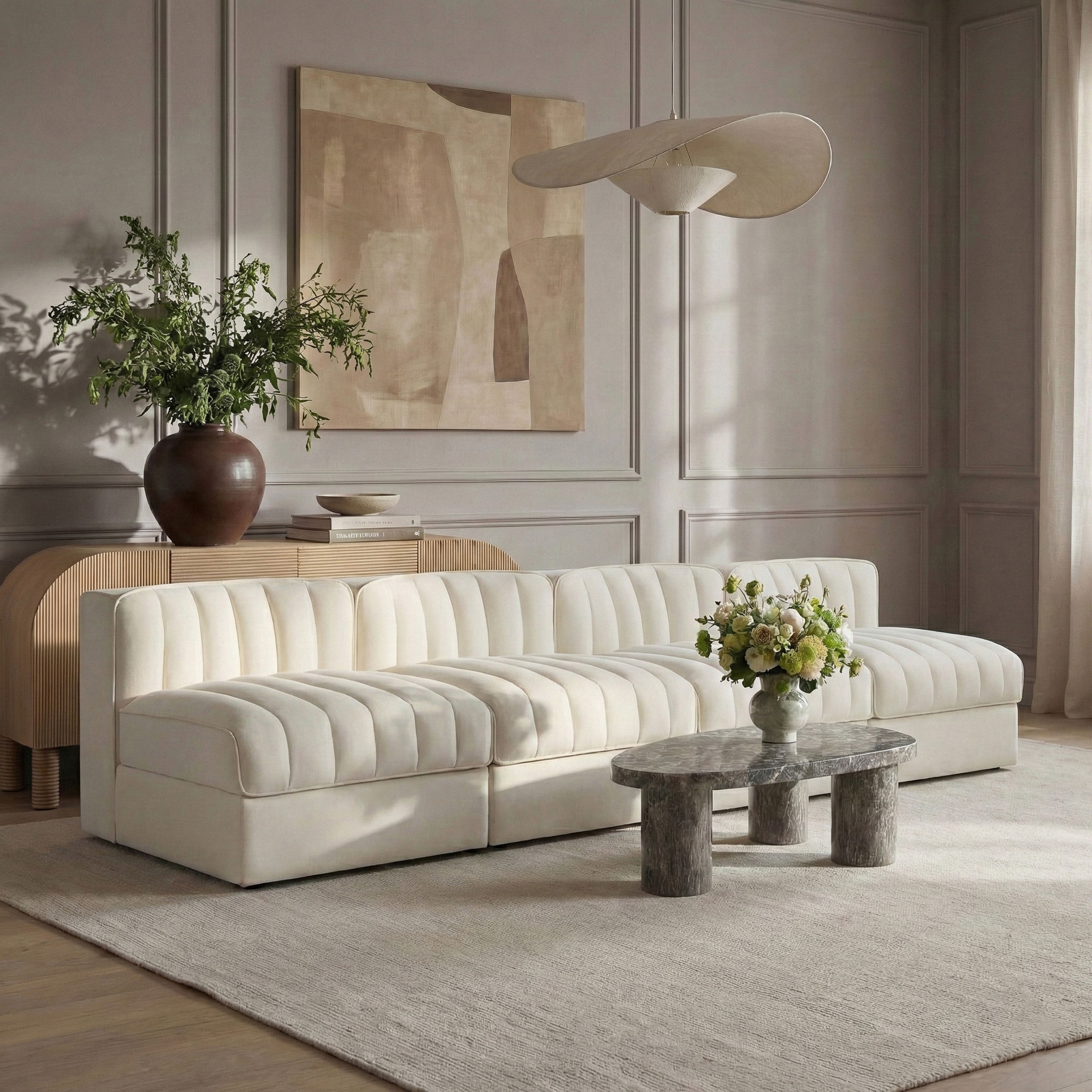 Rummi - Armless Velvet Performance Fabric Upholstered 4 Piece Modular Sofa - Cream
