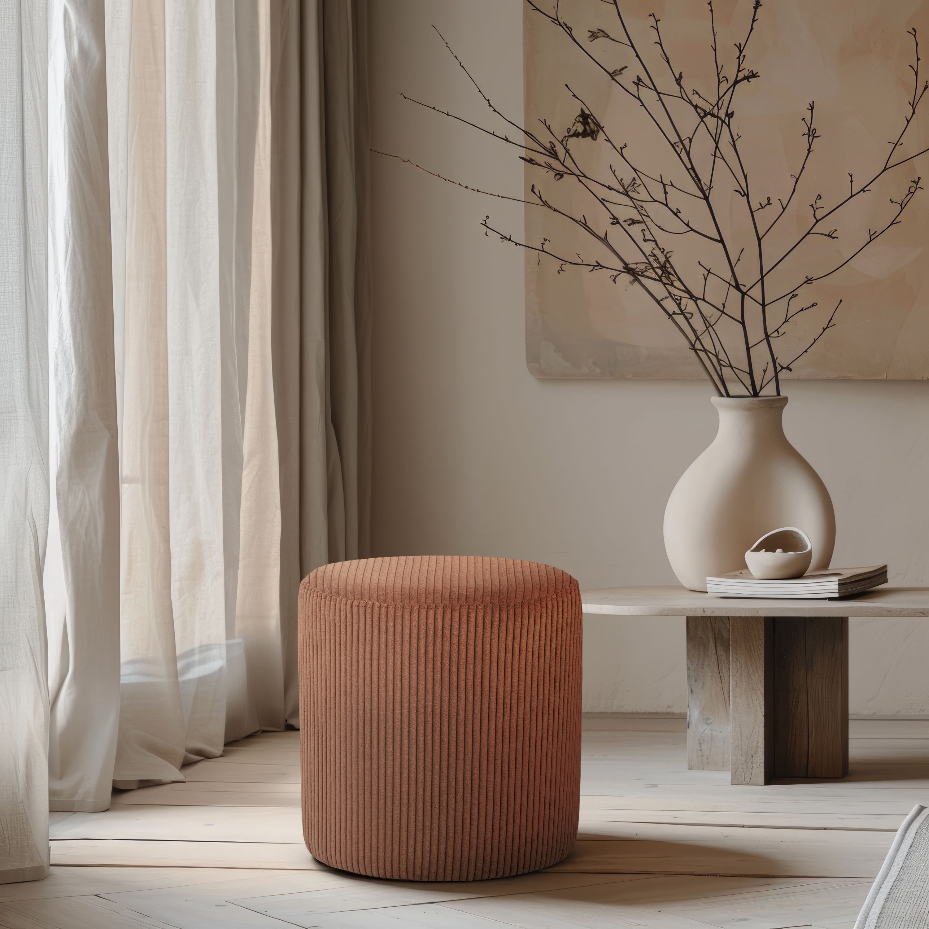 Roy - Round Microsuede Ottoman / Stool - Cognac