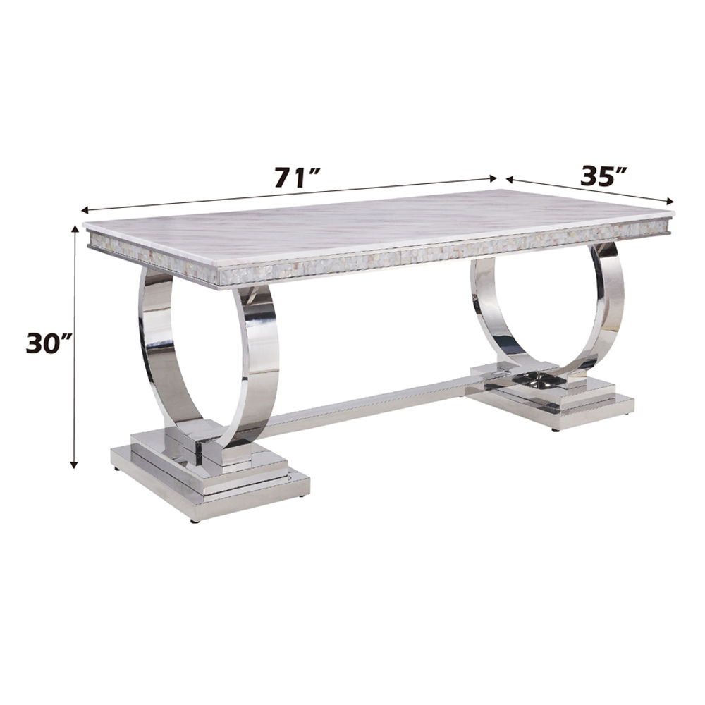 Zander - Dining Table - White Printed Faux Marble Top & Mirrored Silver, white, view 7