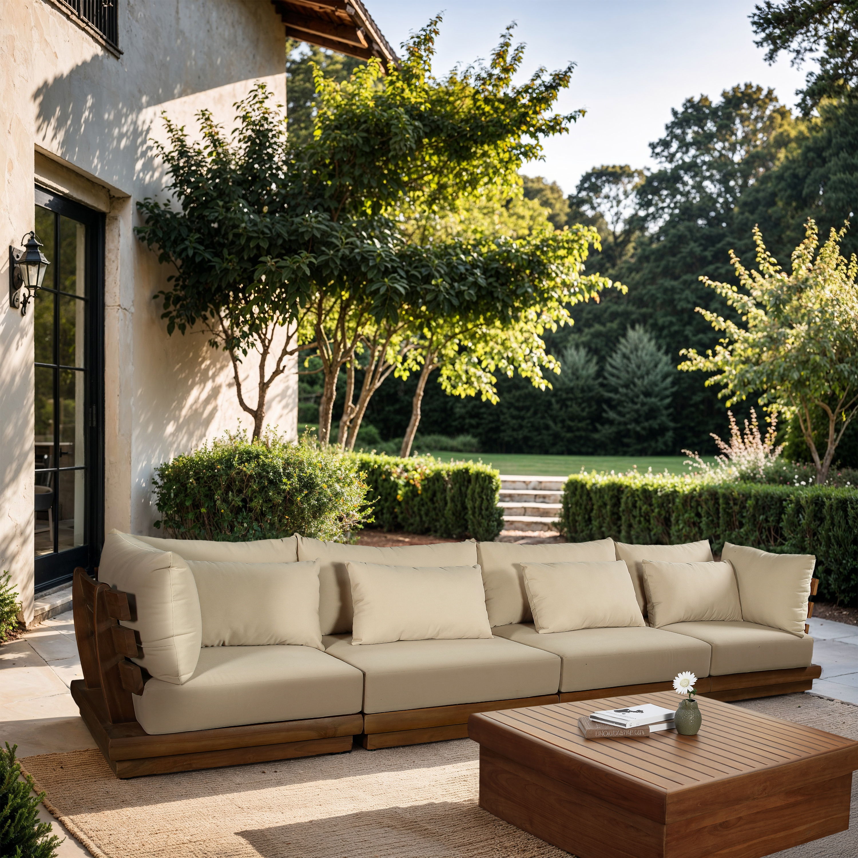 Mirella - 4 Piece Water Resistant Fabric 150" Upholstered Outdoor Patio Modular Sofa - Tan