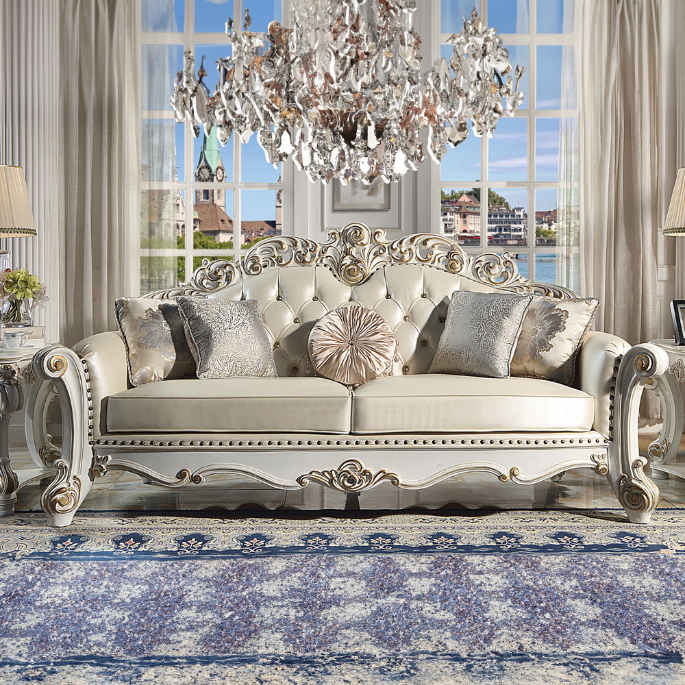 Vendome - Sofa With 5 Pillows - Champagne Synthetic Leather & Antique Pearl, beige