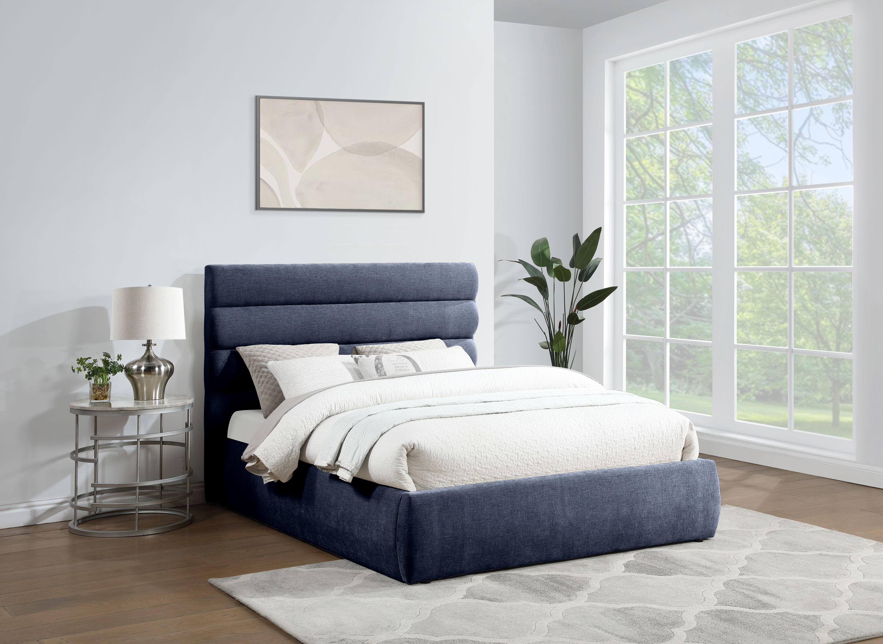 Adam - Chenille Fabric Queen Bed With 52" Headboard - Navy