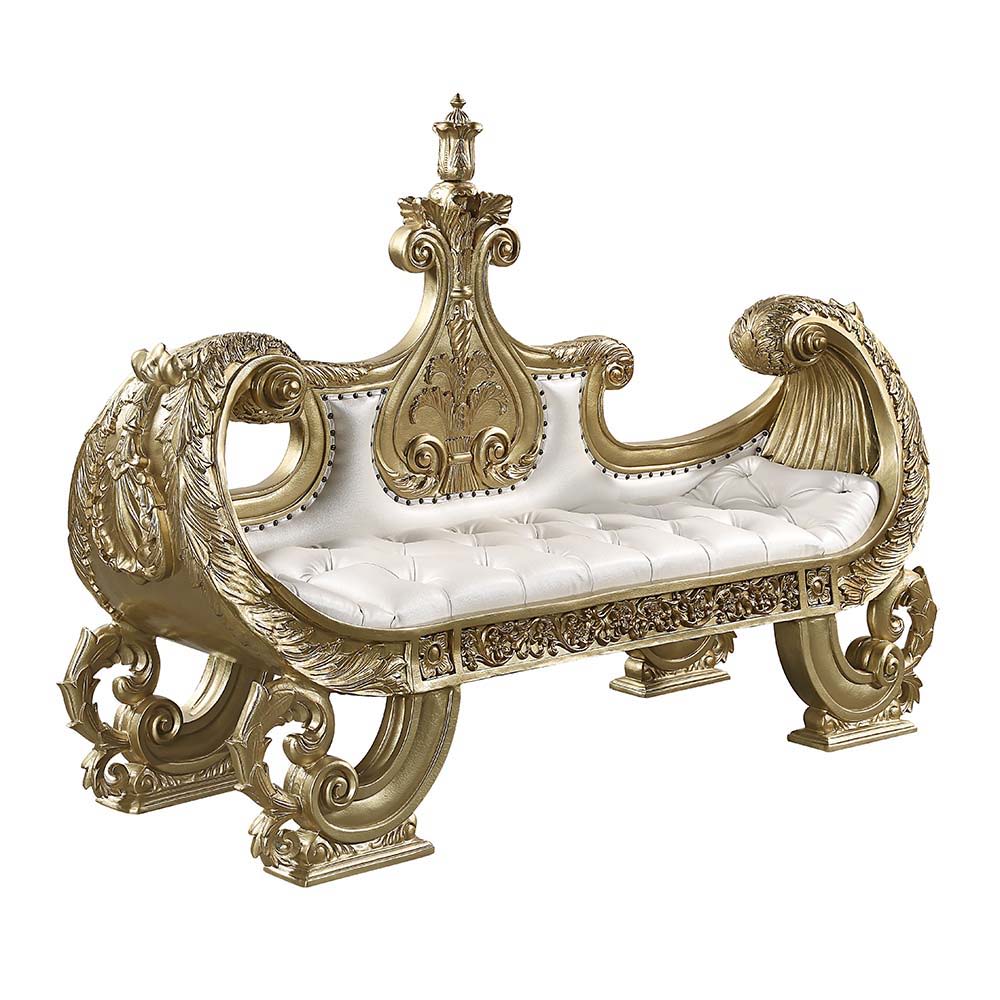 Bernadette - Bench - White Synthetic Leather Fabric & Gold, white, view 2