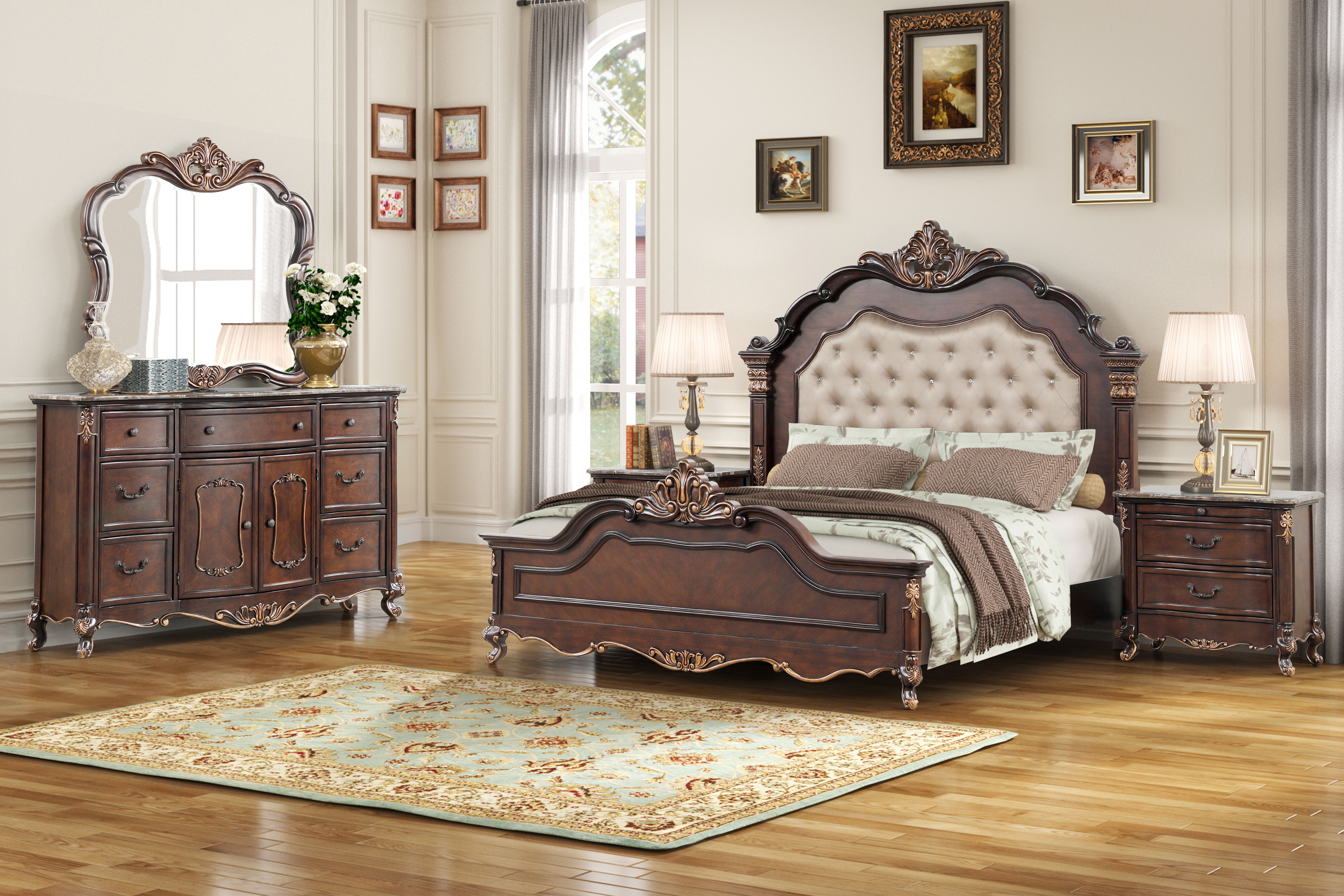 Constantine - 5/0 Queen 4 Piece Bedroom Set (Bed, Dresser, Mirror, Nightstand) - Cherry