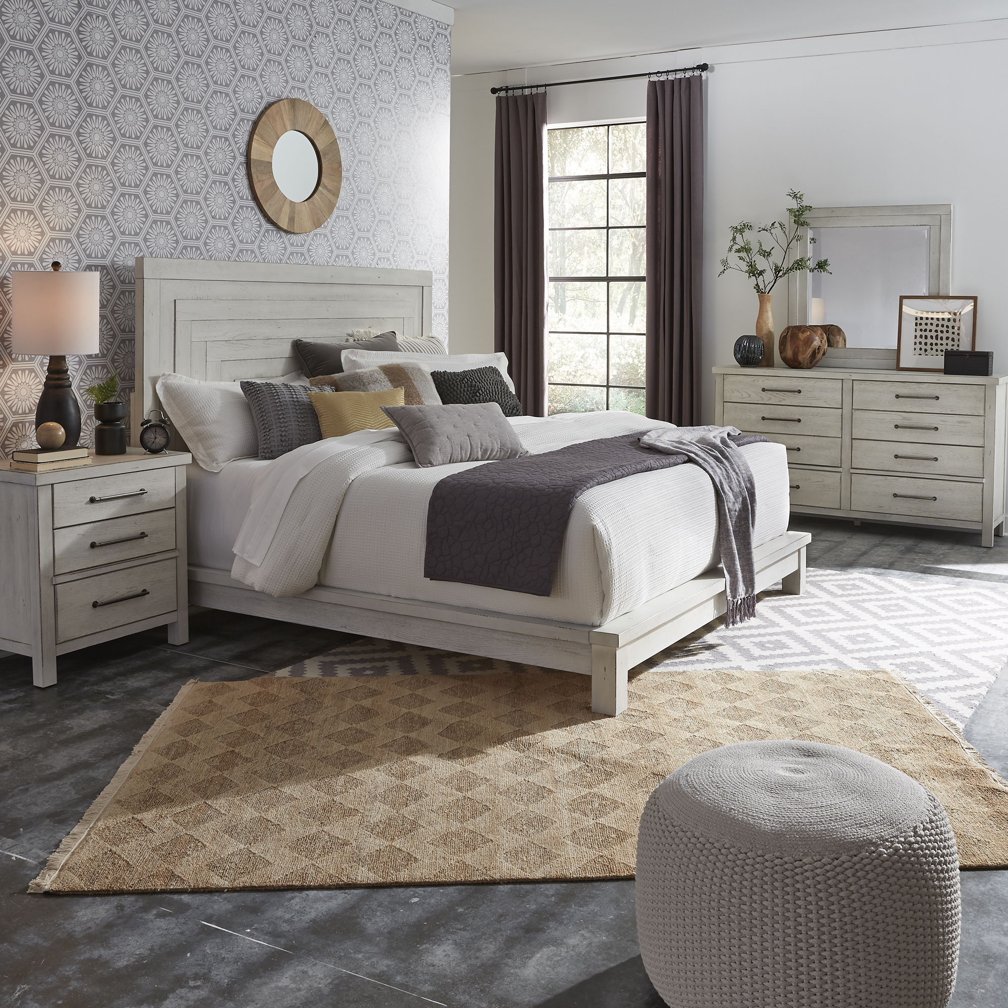 Liberty Furniture Modern Farmhouse - 4 Piece Bedroom Set (Queen Platform Bed, Dresser & Mirror, Nightstand) - White