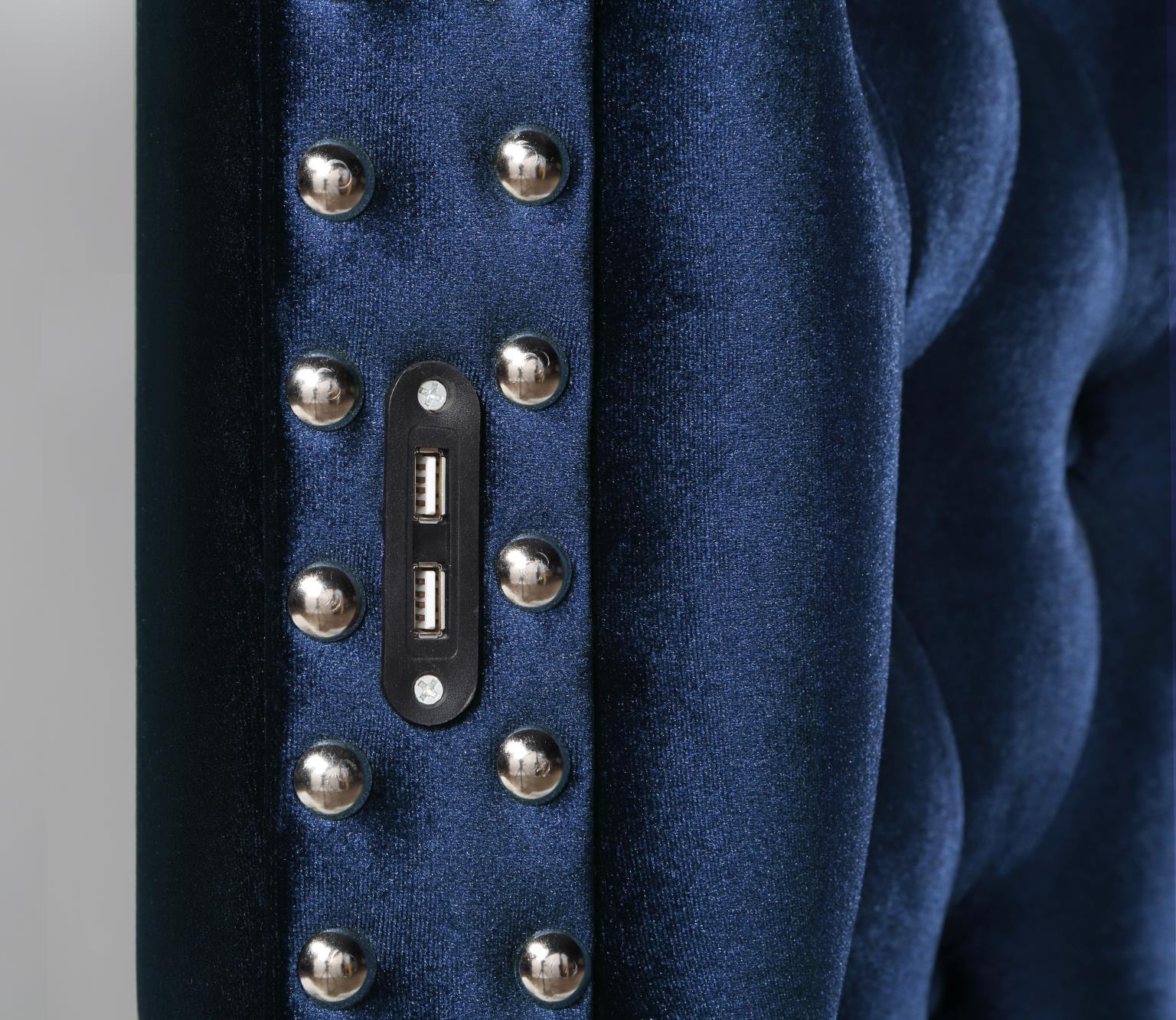 B547 - Velvet King Bed With Bluetooth Speaker & USB - Blue