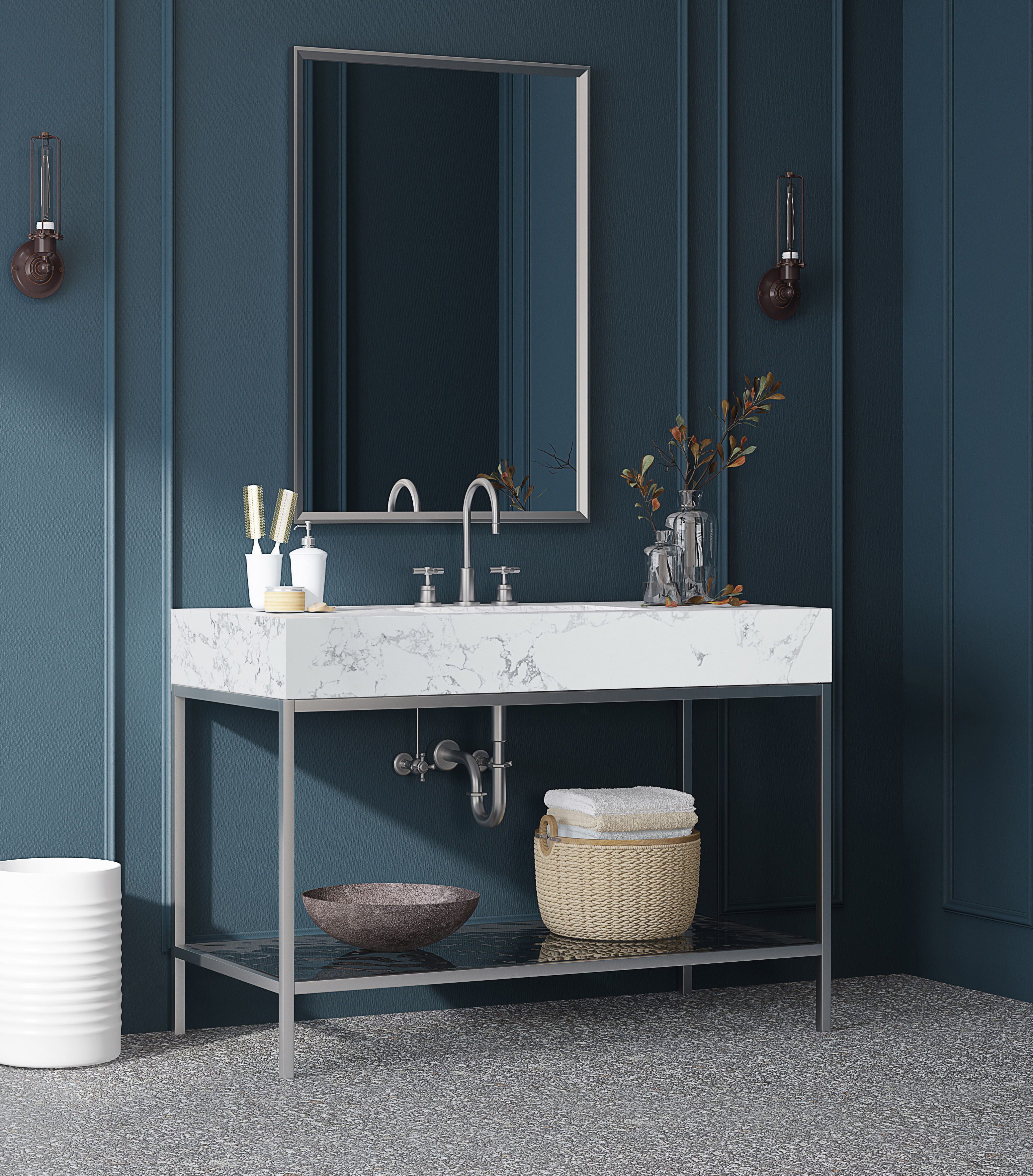 Marmo - 48" Engineered Marble Bathroom Vanity With Chrome Base - White