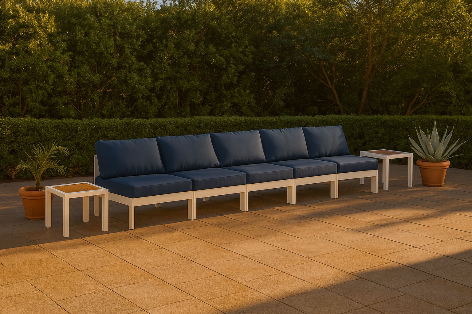 Nizuc - Outdoor Patio 5 Piece Modular Armless Sofa With White Frame - Navy