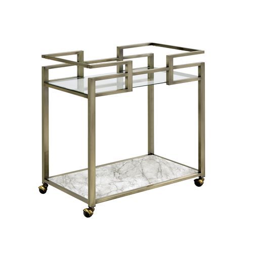 Neilo - Serving Cart - Clear Glass, Faux Marble Top & Wire Brass, silver, view 4