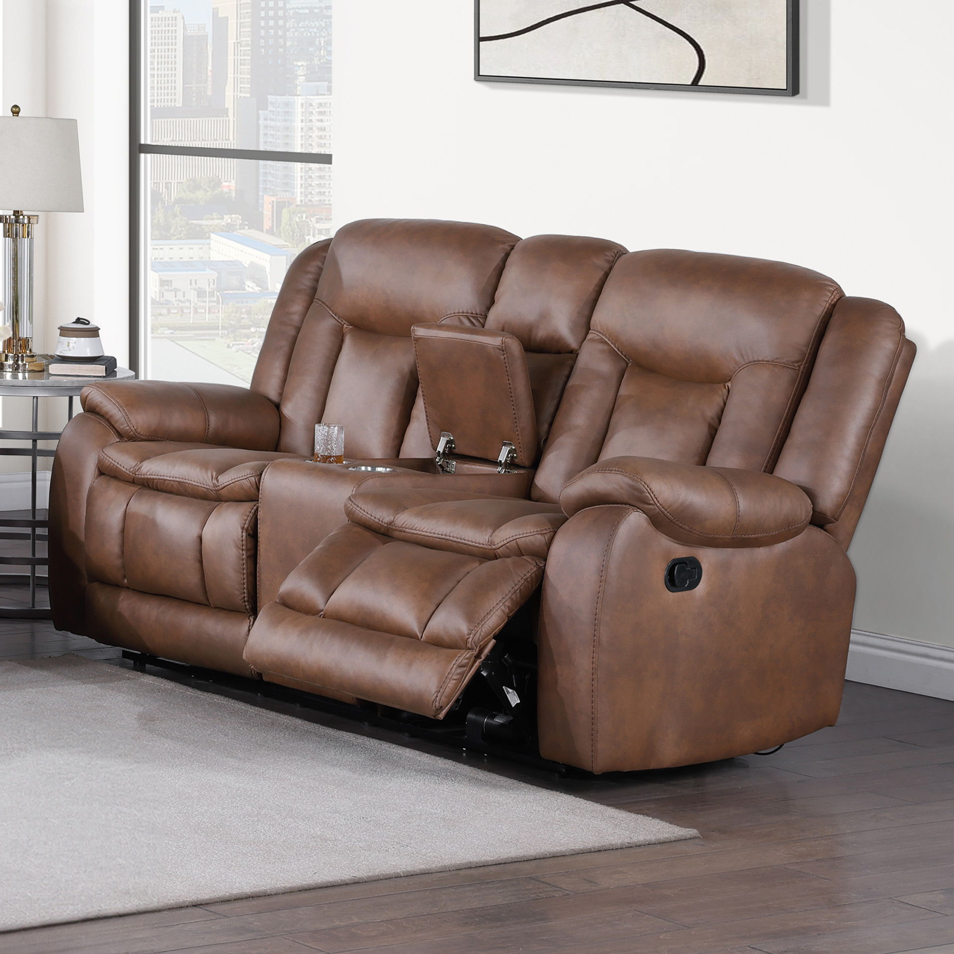 Morello - Console Loveseat With Dual Recliners - Brown, light brown