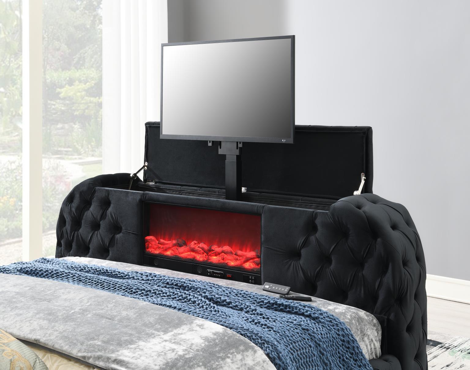 B540 - Velvet King Bed With Fireplace, TV Mount & Bluetooth Speaker & USB - Black