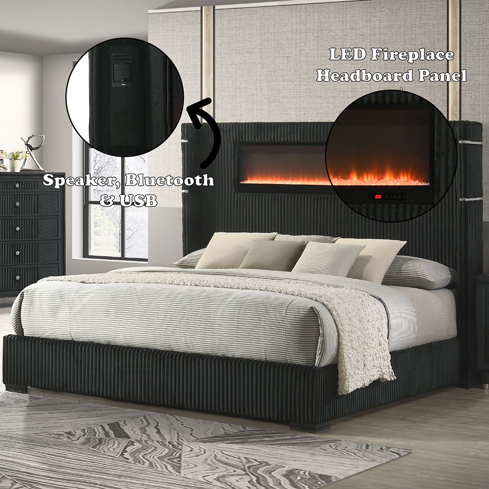 Garner - Queen Bed With Fireplace, LED, Reading Light, Speaker, Bluetooth & USB - Black & Gray, black, view 8