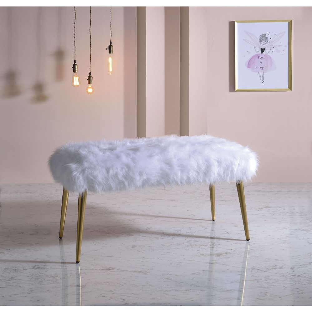 Bagley II - 20" Bench - White Faux Fur & Gold, white, view 5