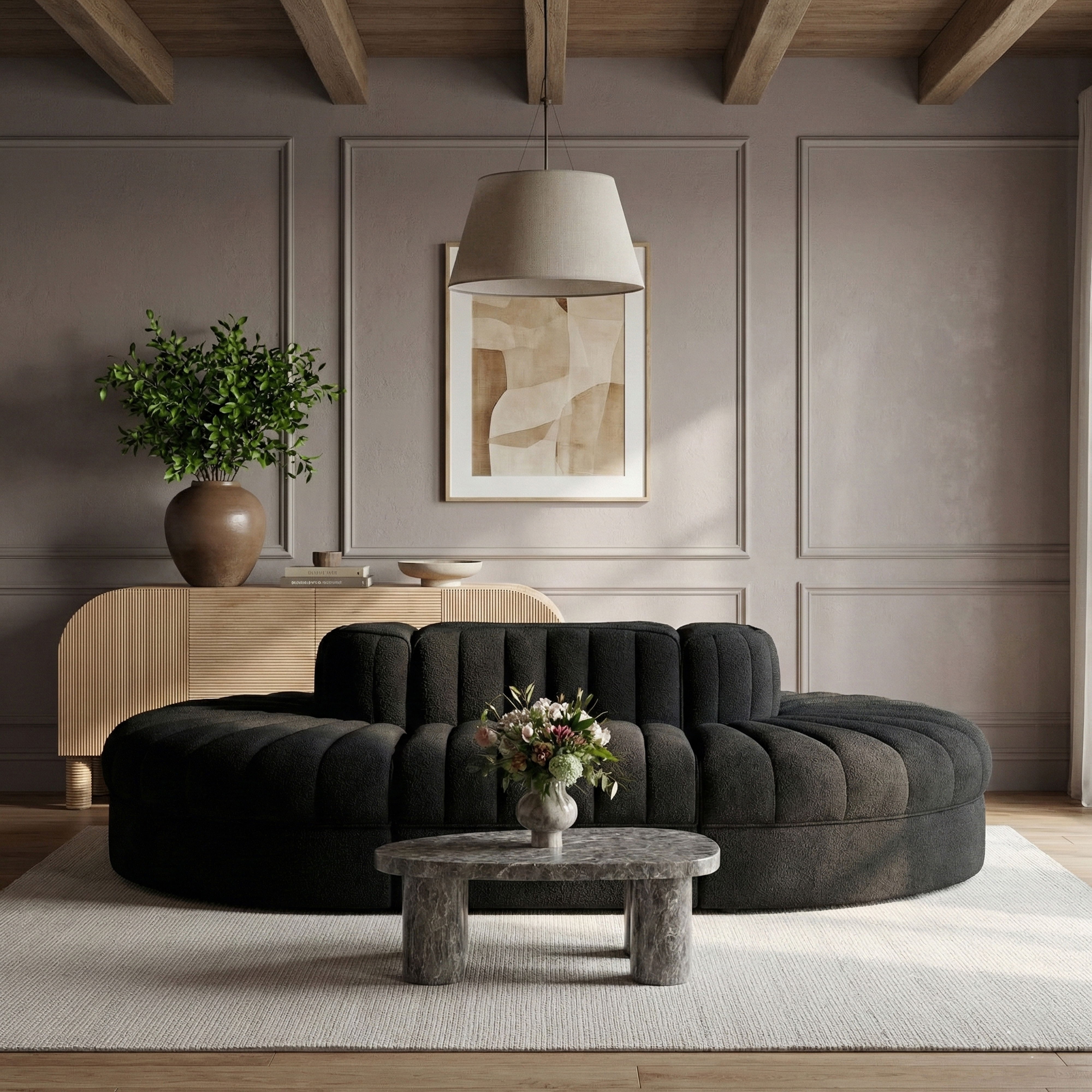 Rummi - Oval Velvet Performance Fabric Upholstered 6 Piece Modular Sectional - Black