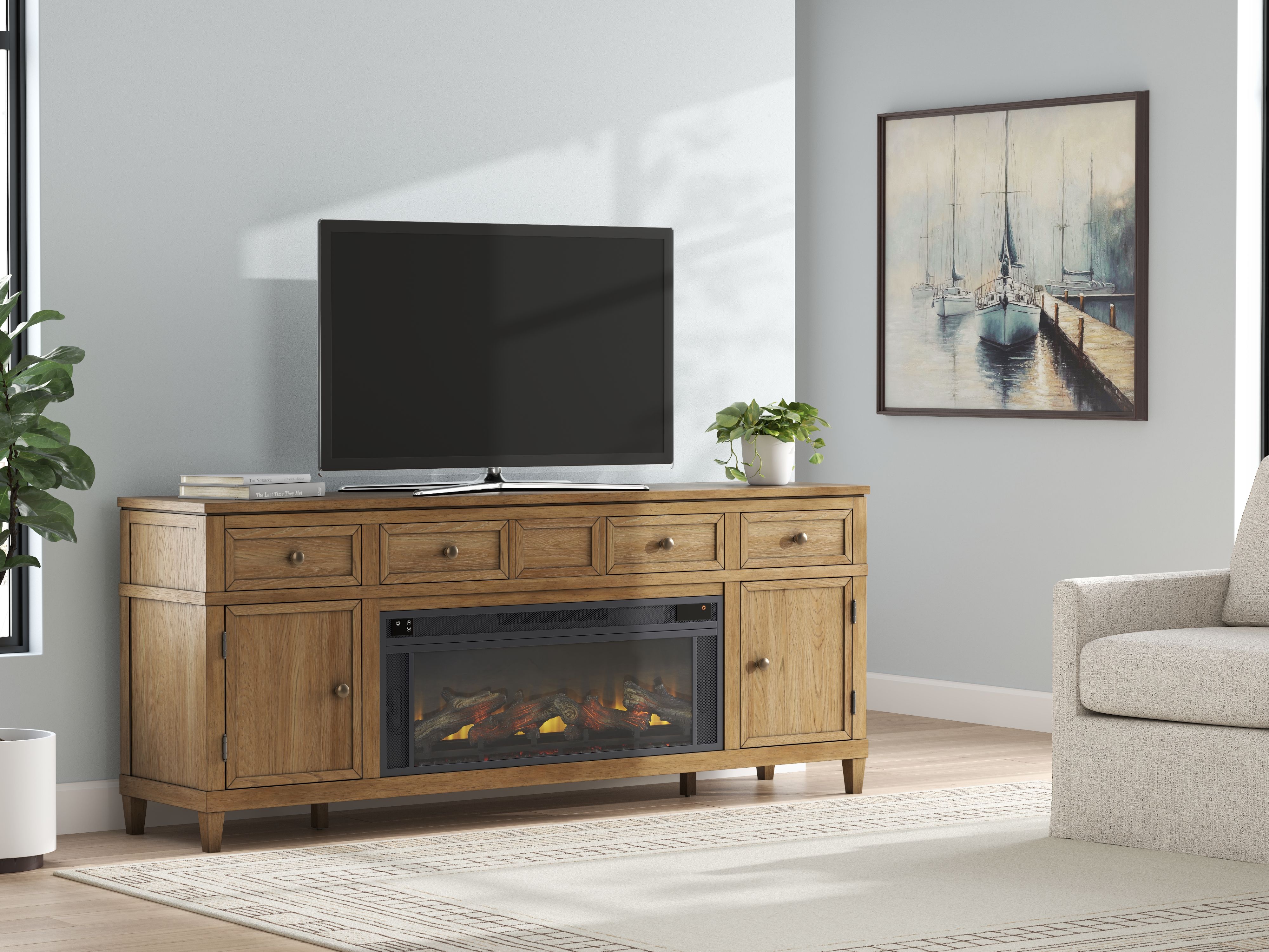 Ashley Furniture Sharlance - 81" TV Stand With Electric Infrared Fireplace Insert - Light Brown - Image 2