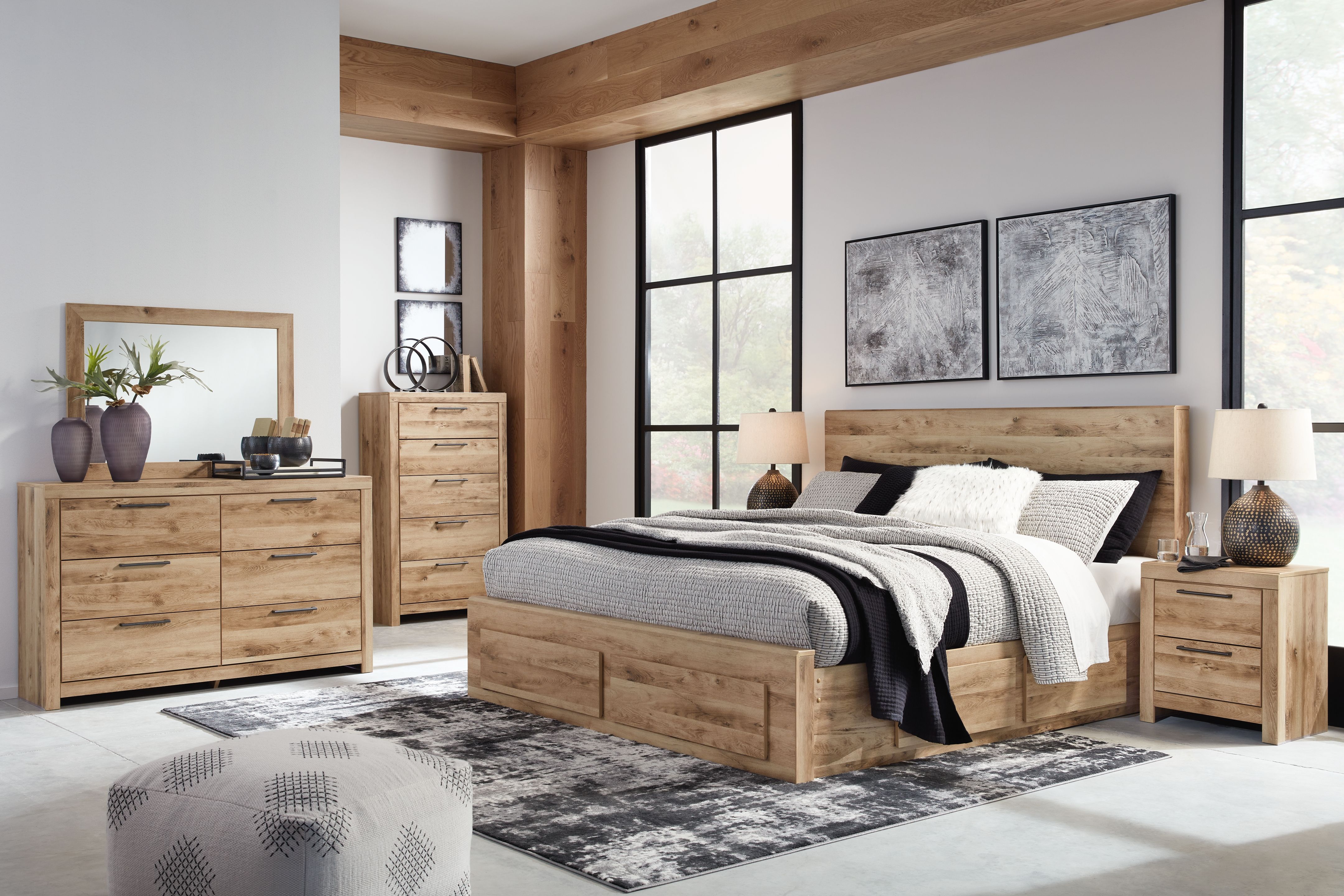Ashley Hyanna - Tan - 10 Pc. - Dresser, Mirror, Chest, Queen Panel Bed with 6 Storage Drawers, 2 Nightstands