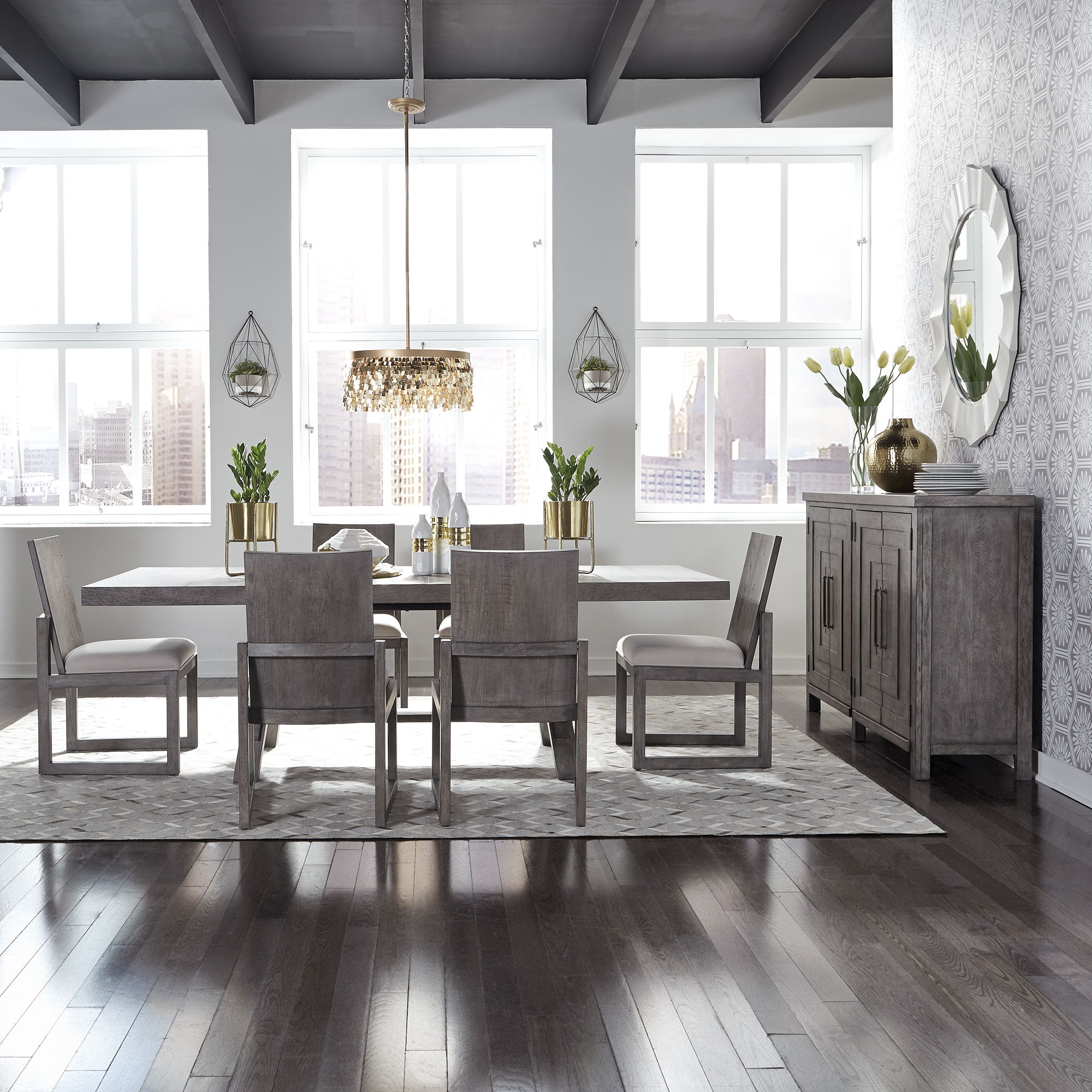 Liberty Furniture Modern Farmhouse - 7 Piece Trestle Table Set (Panel-Back Chairs) - Charcoal