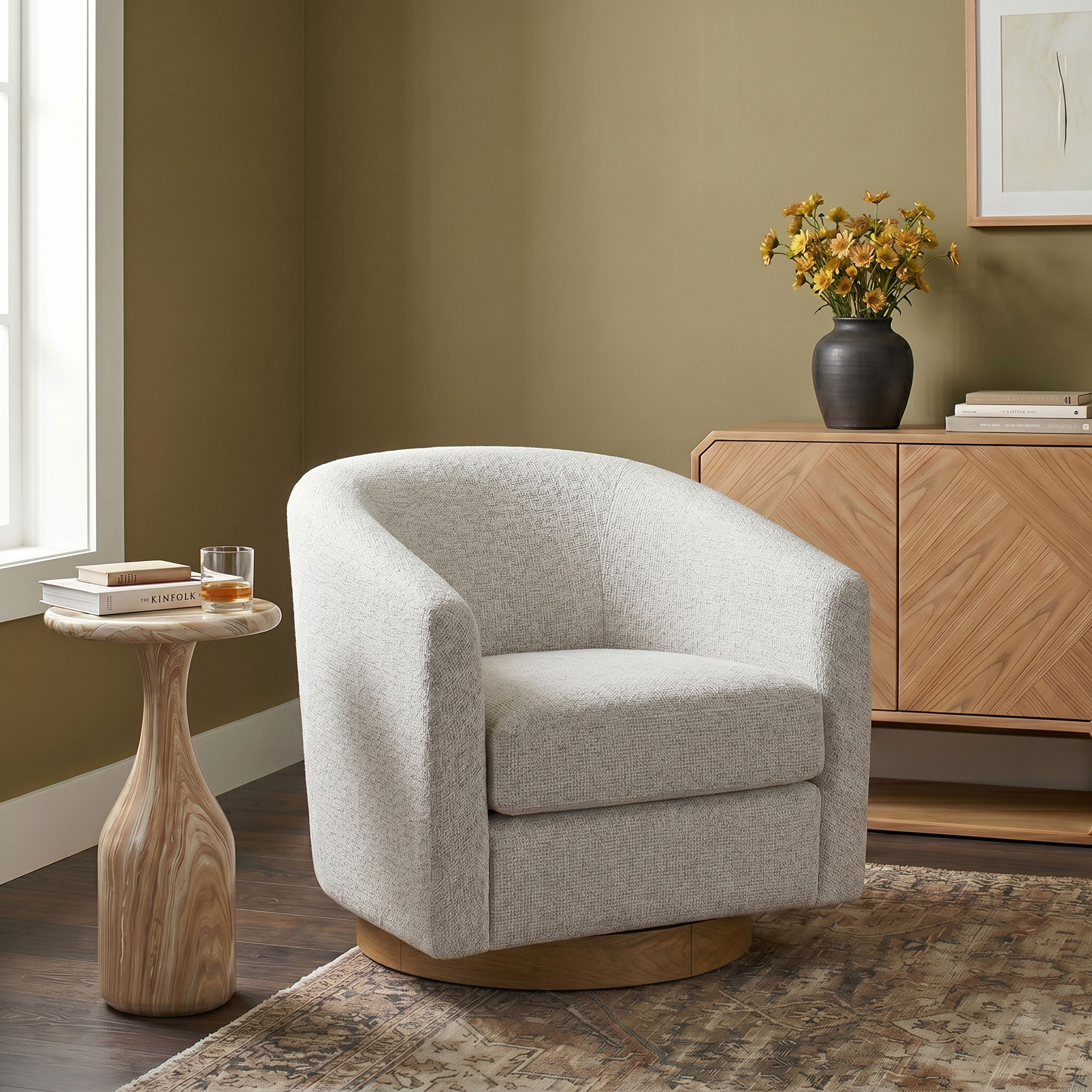 Modra - Performance Fabric Upholstered Swivel Accent Chair - Cream