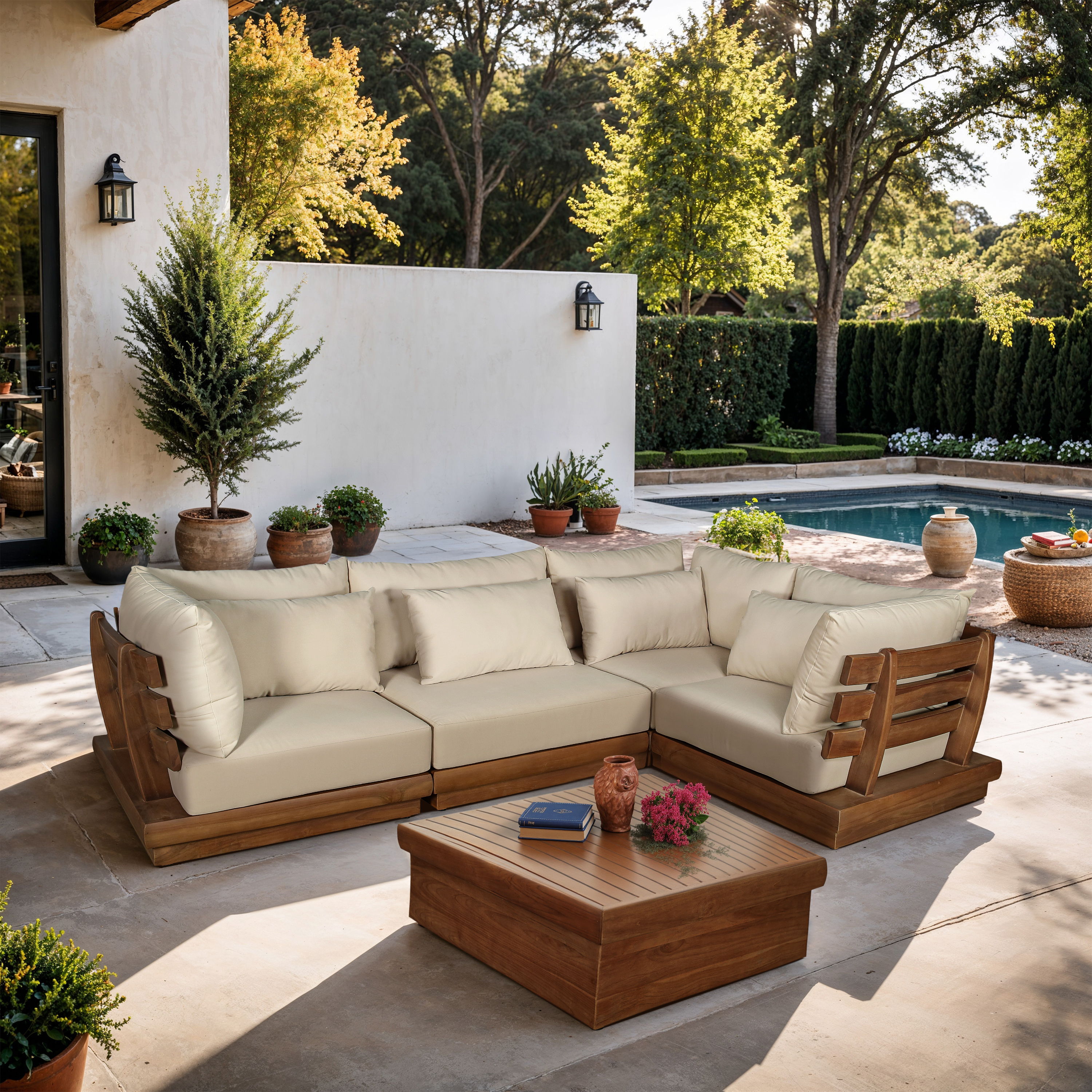 Mirella - 4 Piece Water Resistant Fabric 113" Upholstered Outdoor Patio Modular Sectional - Tan