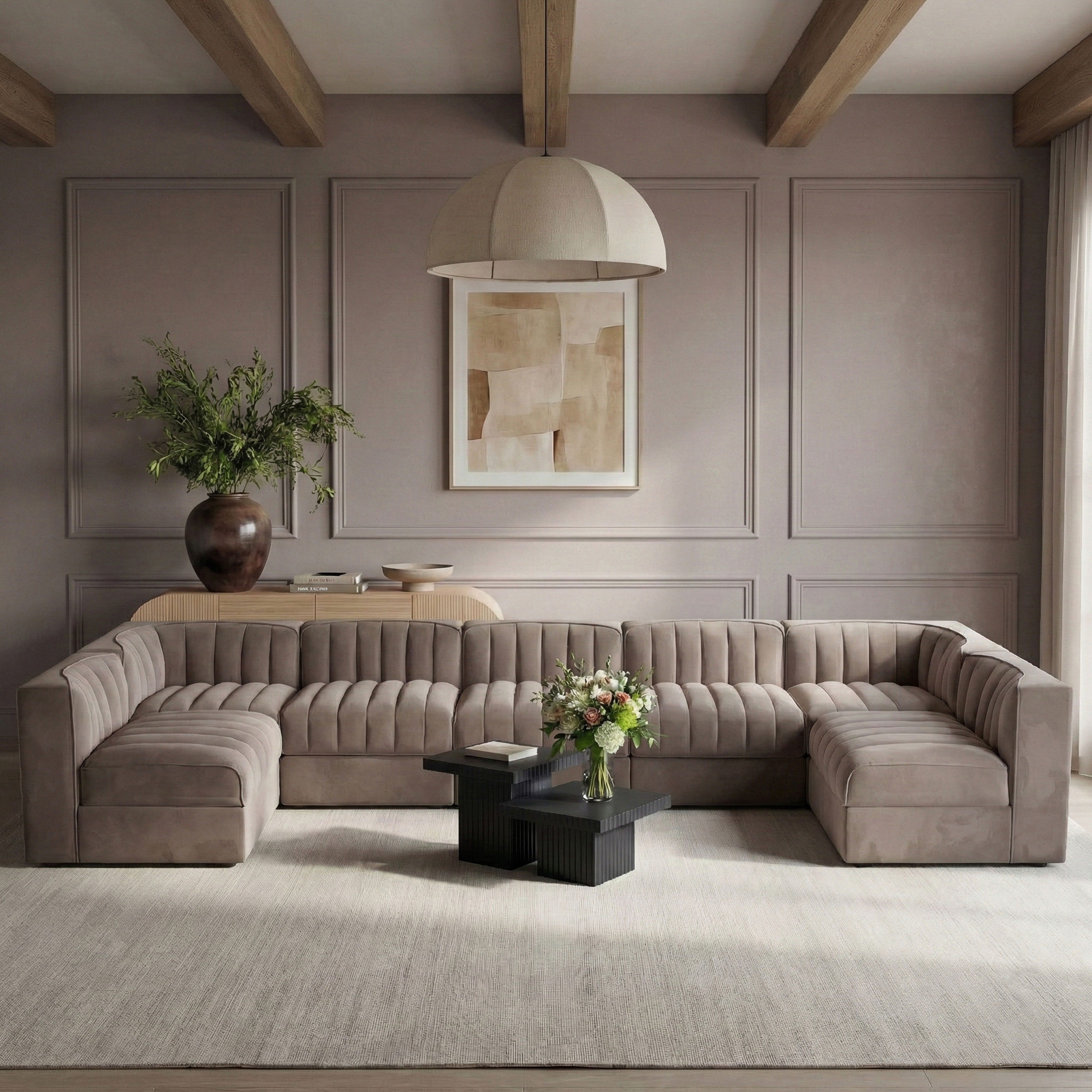 Rummi - Velvet Performance Fabric Upholstered 7 Piece Modular Sectional (With 2 Corner Chairs) - Taupe