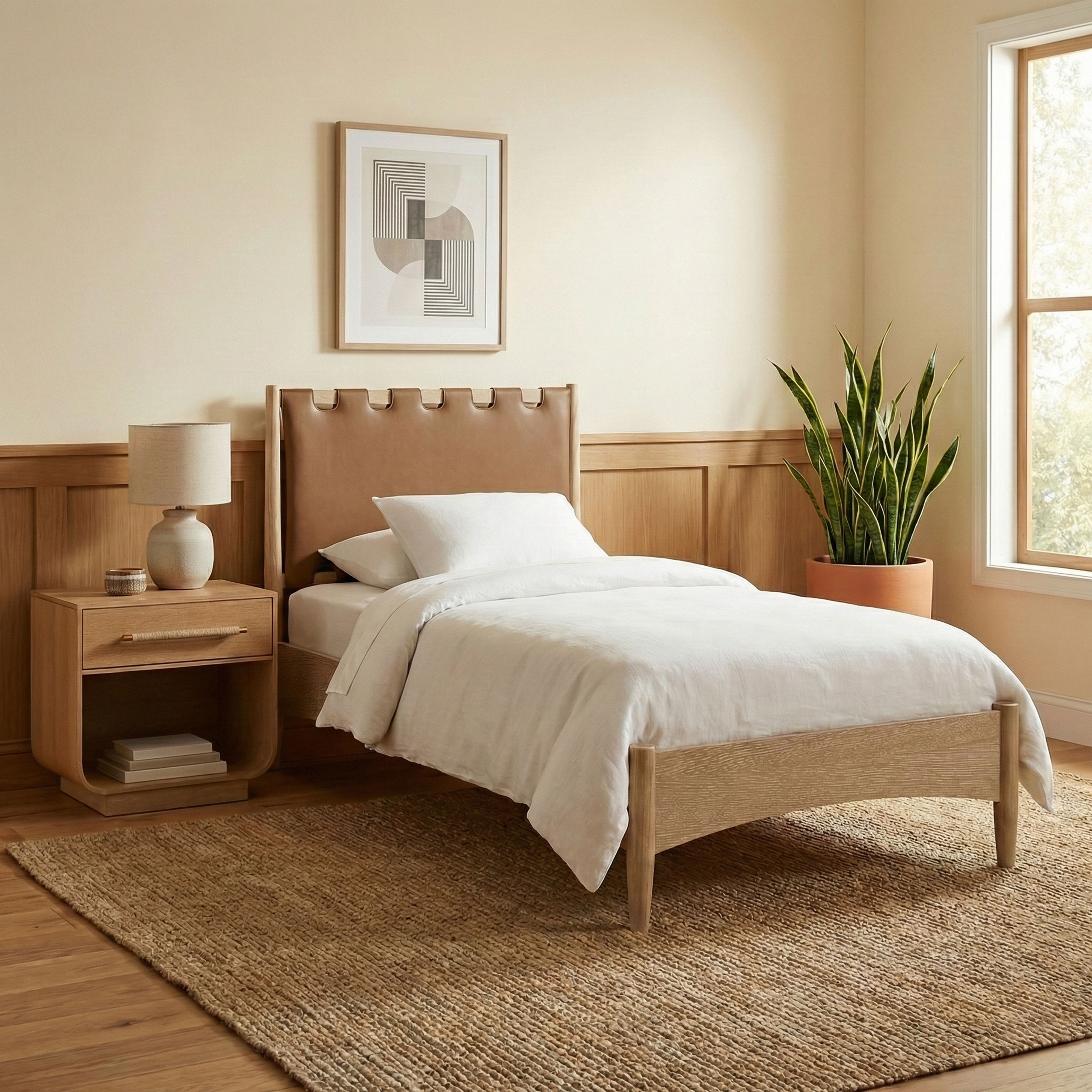 Santos - Vegan Leather Headboard And Wood Twin Bed - Brown / Natural