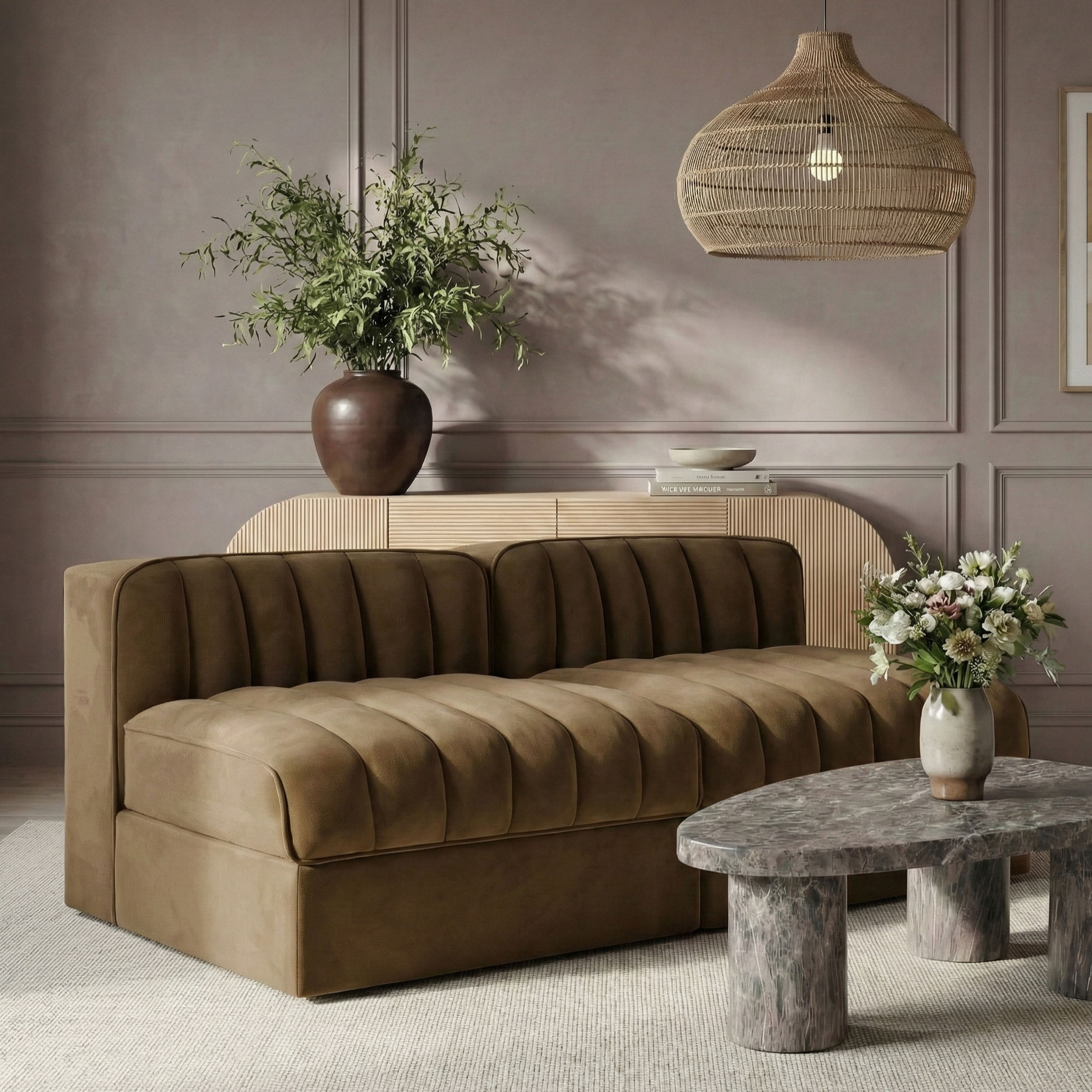 Rummi - Velvet Performance Fabric Upholstered 2 Piece Modular Armless Loveseat - Saddle