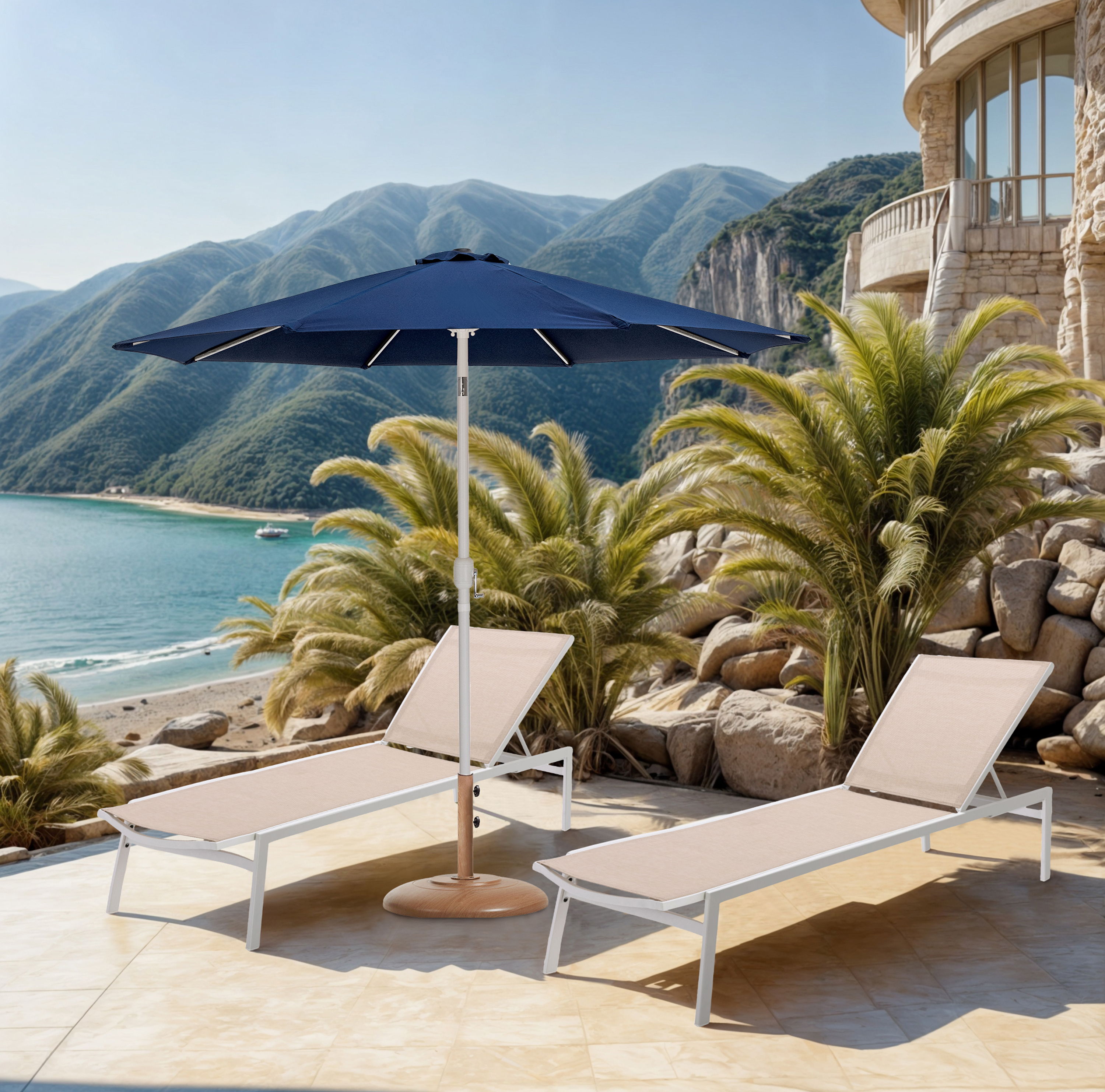 Fiji - Aluminum Patio Umbrella With Round Teak And White Base - Navy