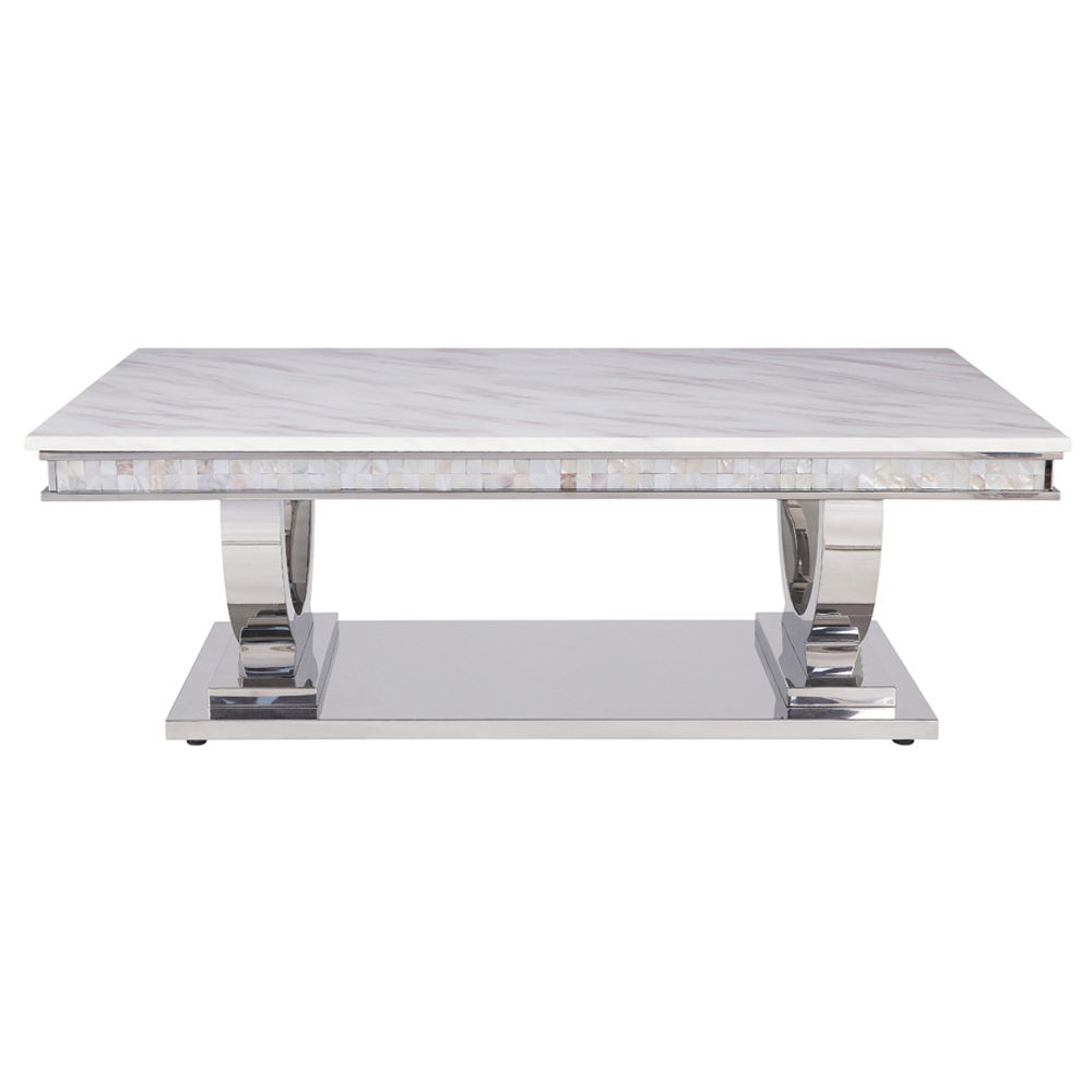 Zander - Coffee Table - White Printed Faux Marble Top & Mirrored Silver, white, view 6