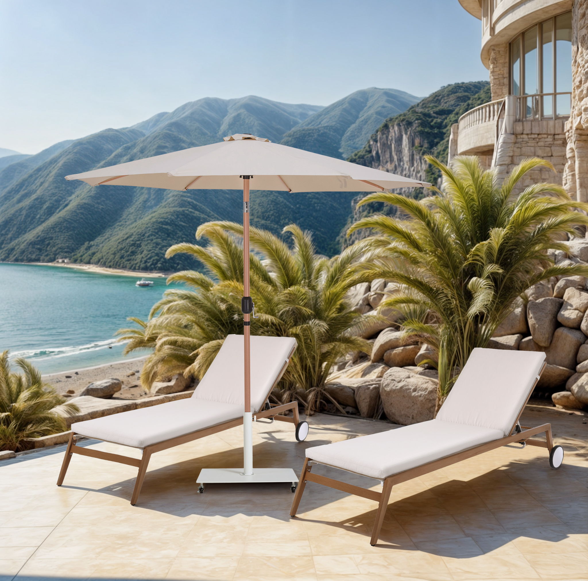 Fiji - Aluminum Patio Umbrella With Square White And Teak Base - Beige
