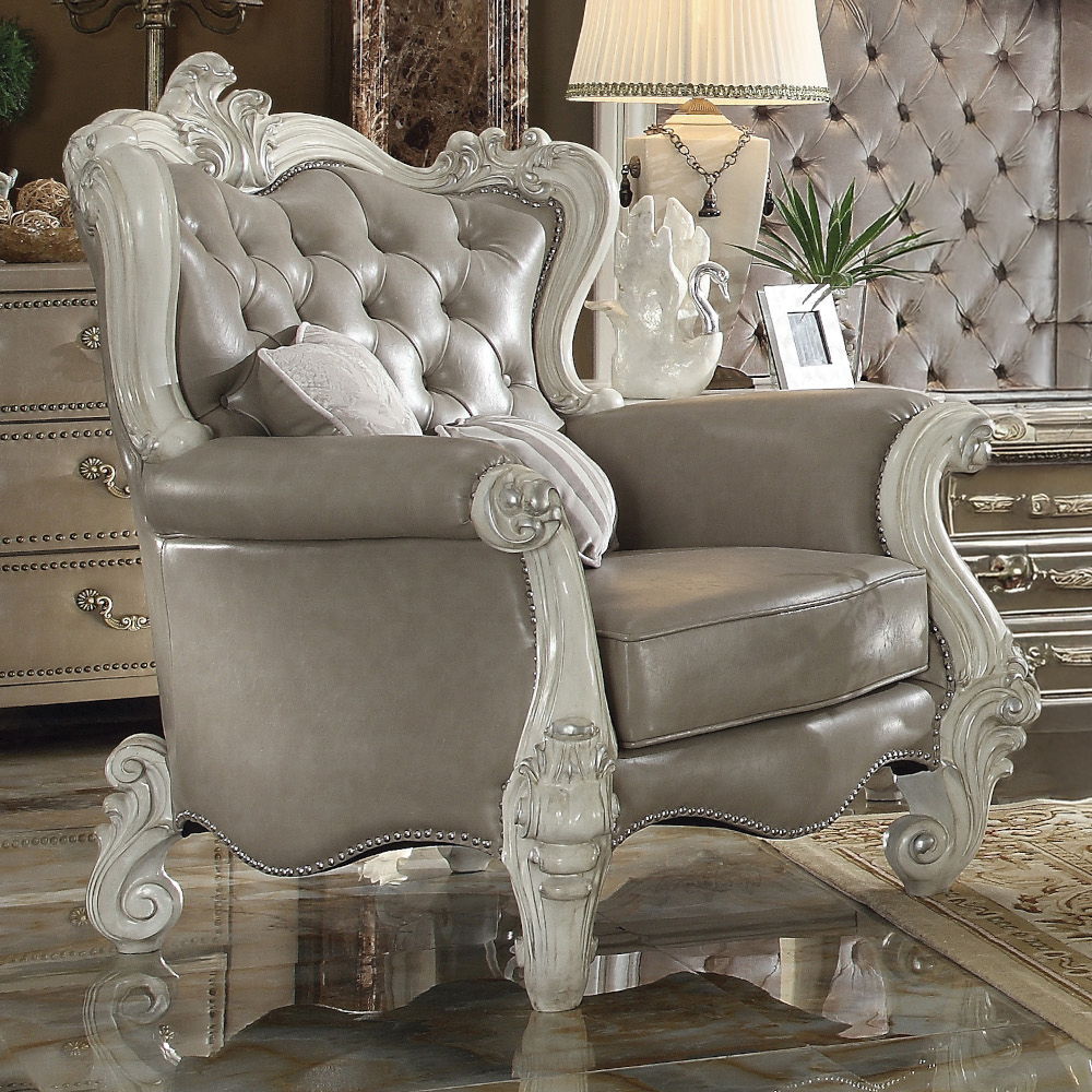 Versailles - Chair With 2 Pillows - Vintage Gray Synthetic Leather & Bone White, beige, view 4